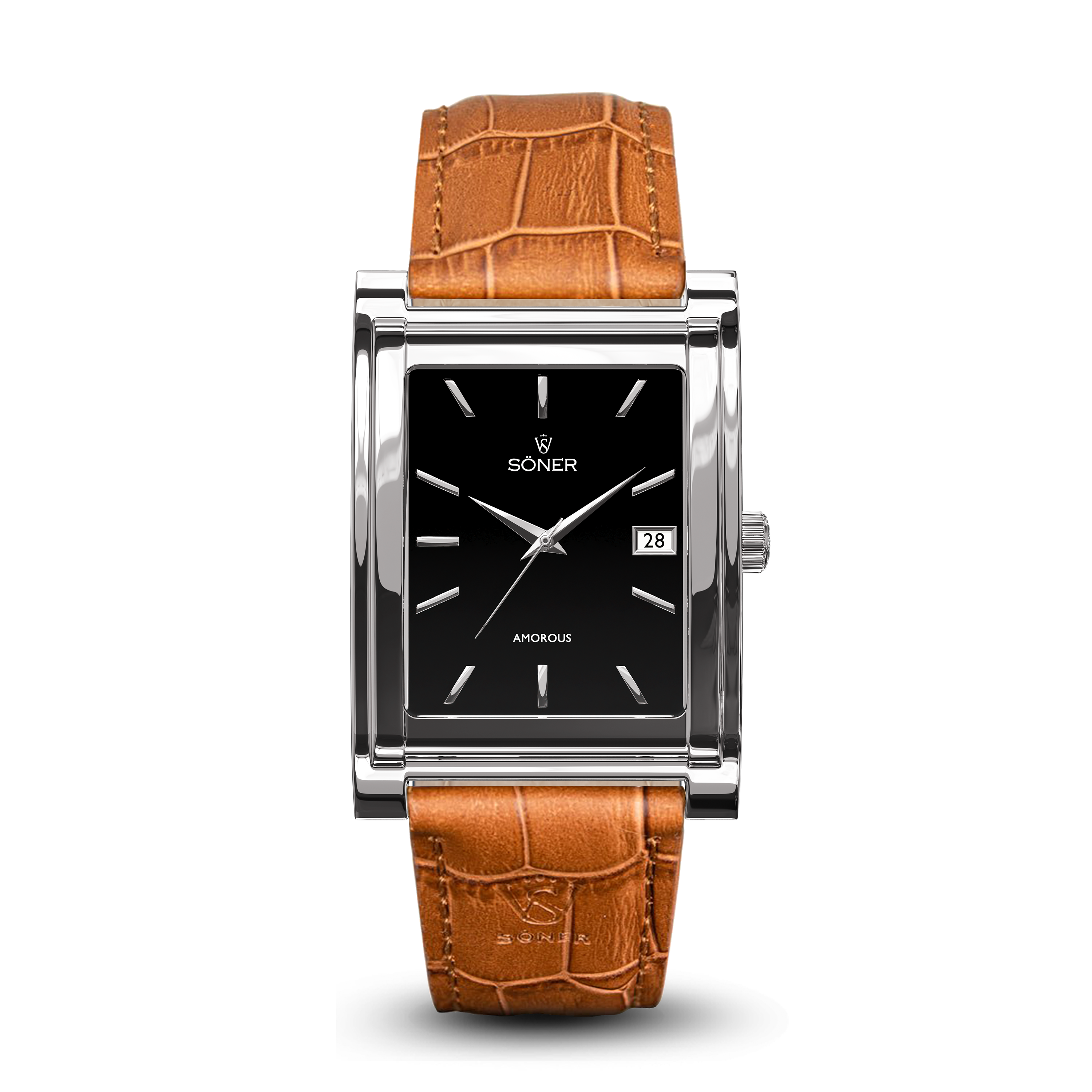 Square automatic watch, Amorous Barcelona with black dial - light brown alligator pattern leather strap front view