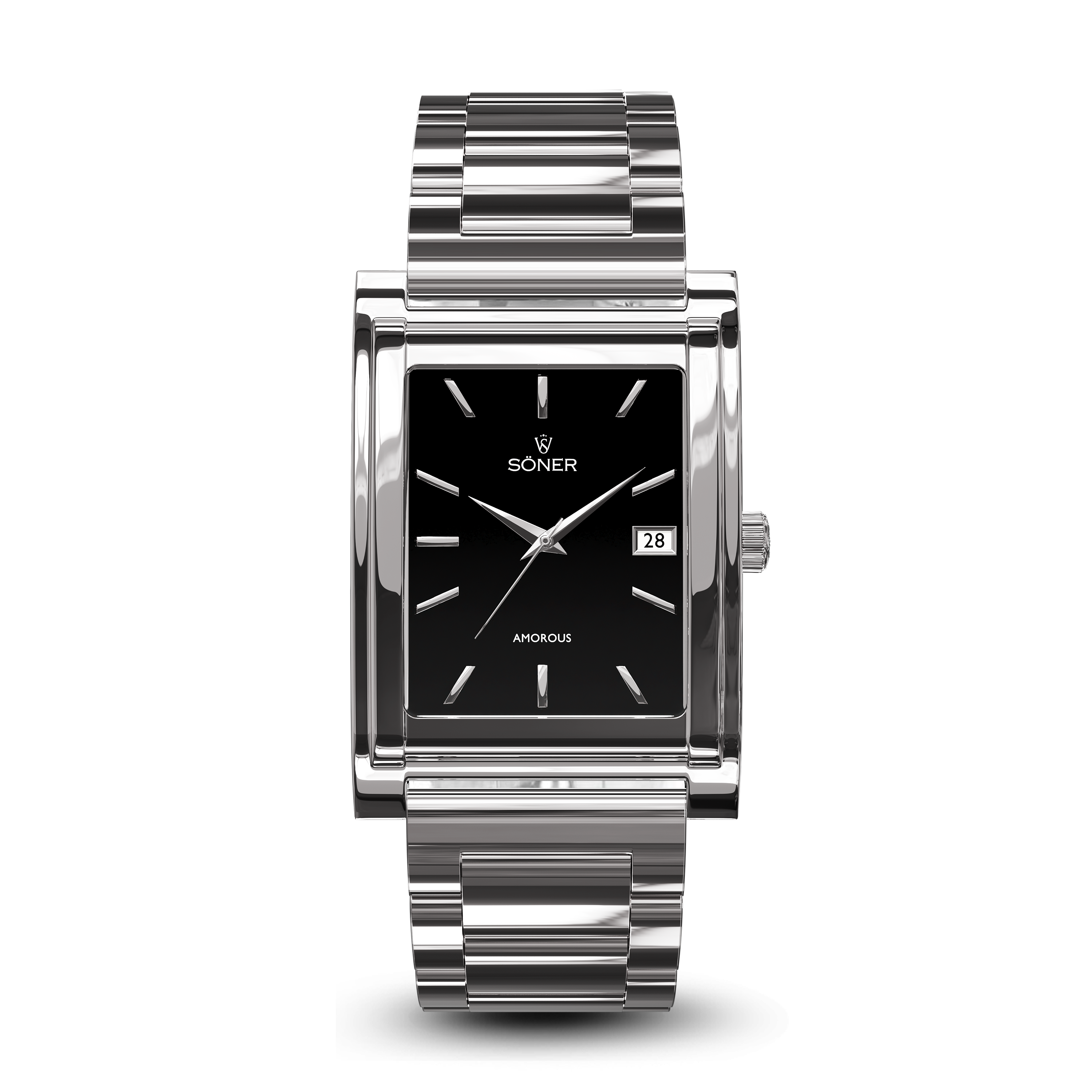 Square automatic watch, Amorous Barcelona with black dial - steel bracelet front view