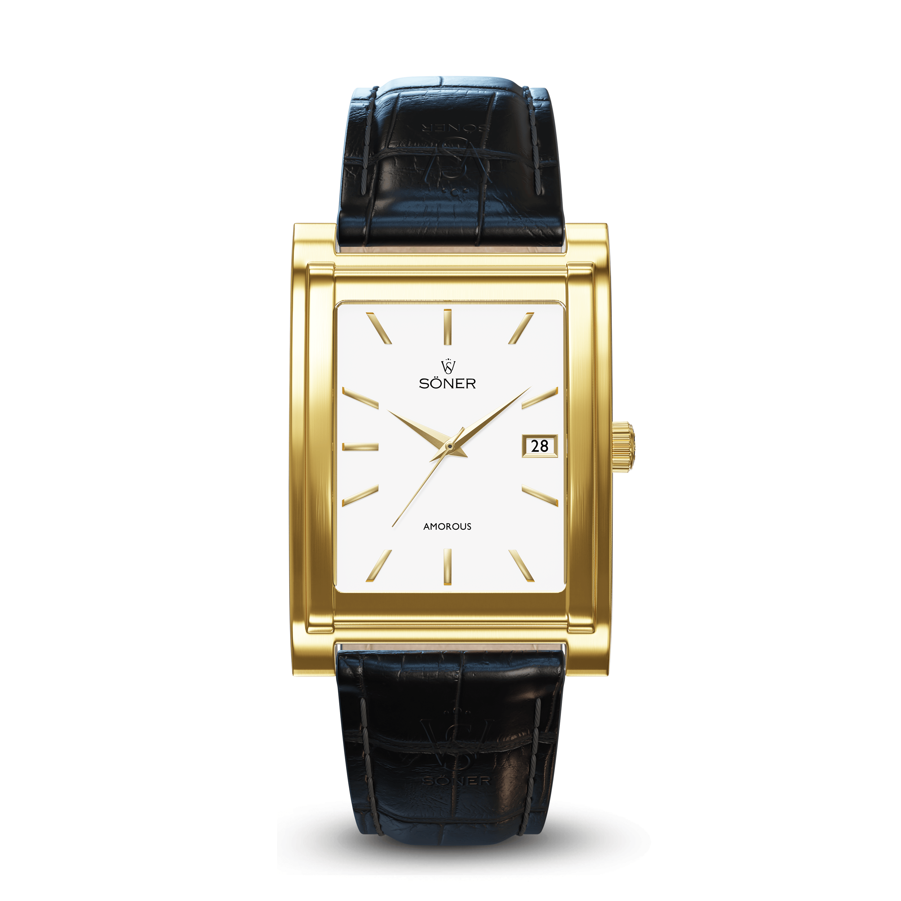 The Amorous Casablanca (Self-winding) is an elegant rectangular watch featuring a gold frame with a white face, gold hour markers, and sleek black hands. It includes a date window on its dial, which prominently displays the Soner name. This exquisite timepiece is completed by a sophisticated black leather strap with a crocodile pattern.