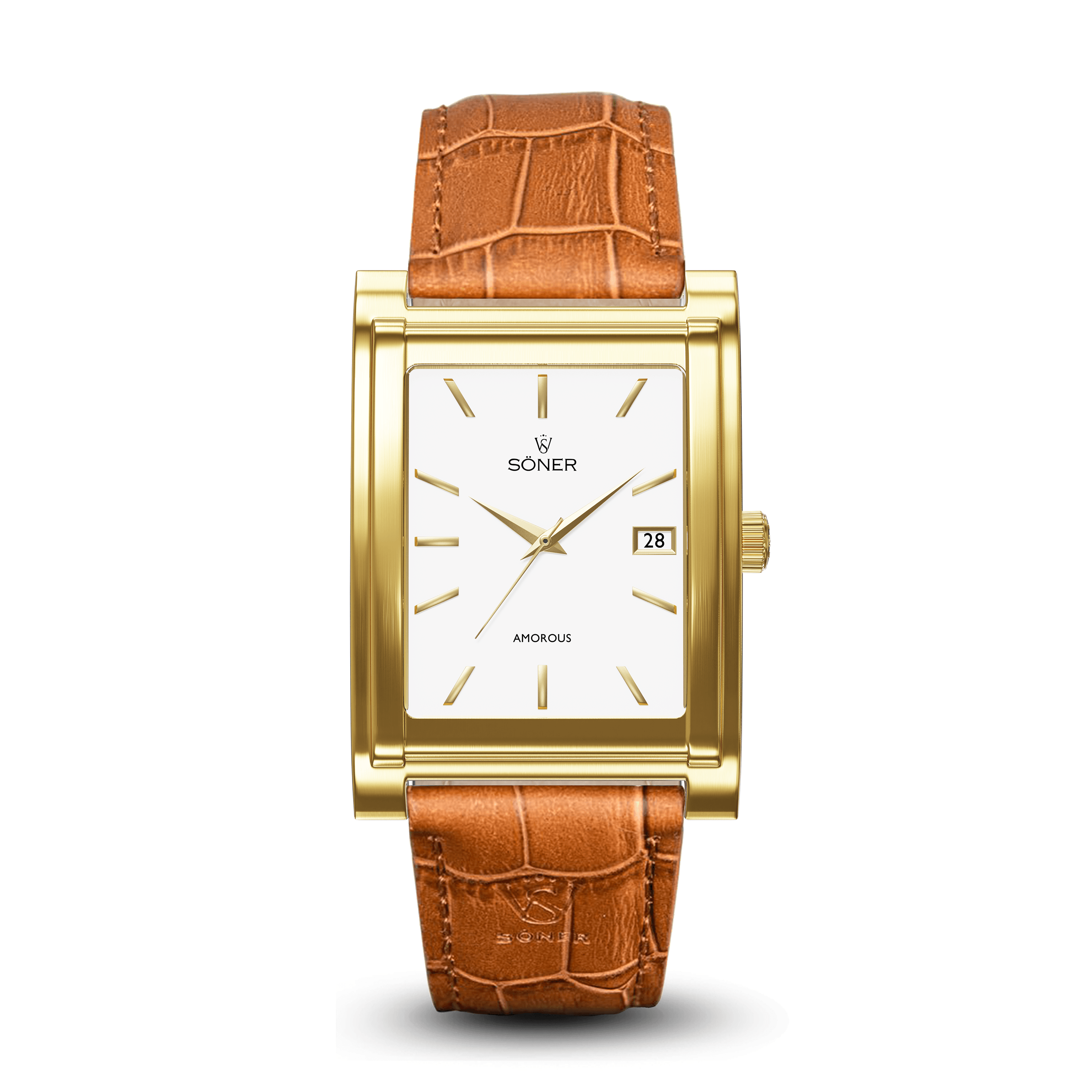 The Amorous Casablanca by Söner is an elegant rectangular watch featuring a gold case and a brown leather strap. It presents a white dial with gold hour markers and hands, complemented by a conveniently positioned date display on the right side.