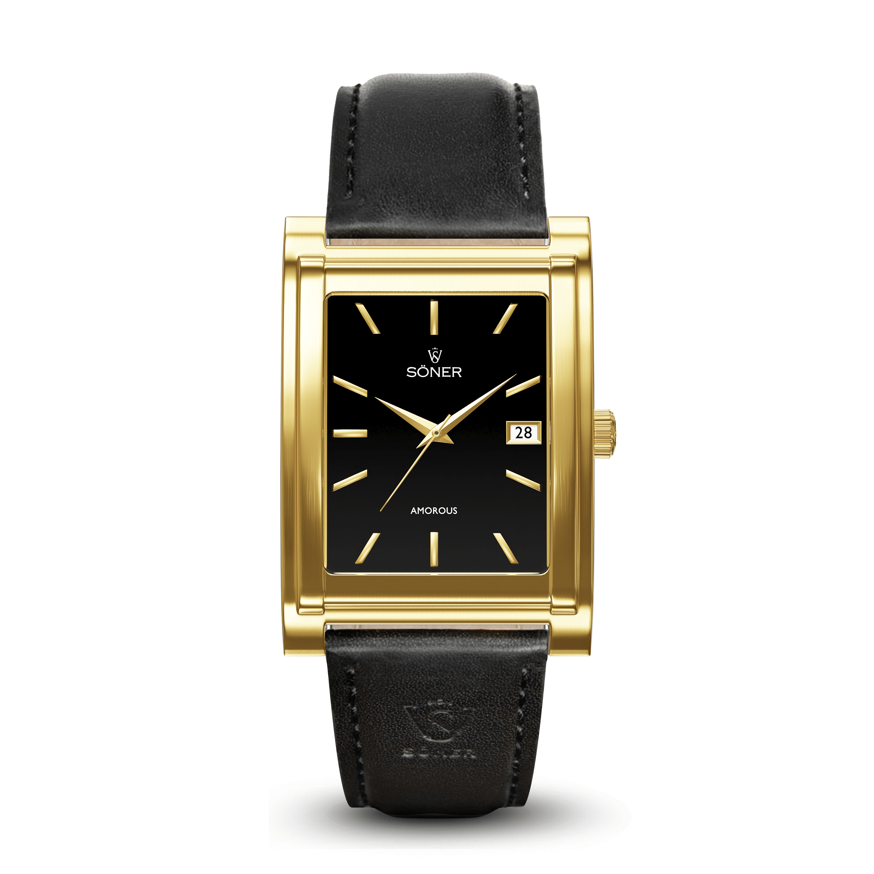 The Amorous Milano watch features a rectangular design with a black dial, gold hour markers, and hands. It includes a small date display and is elegantly secured by a black leather band.