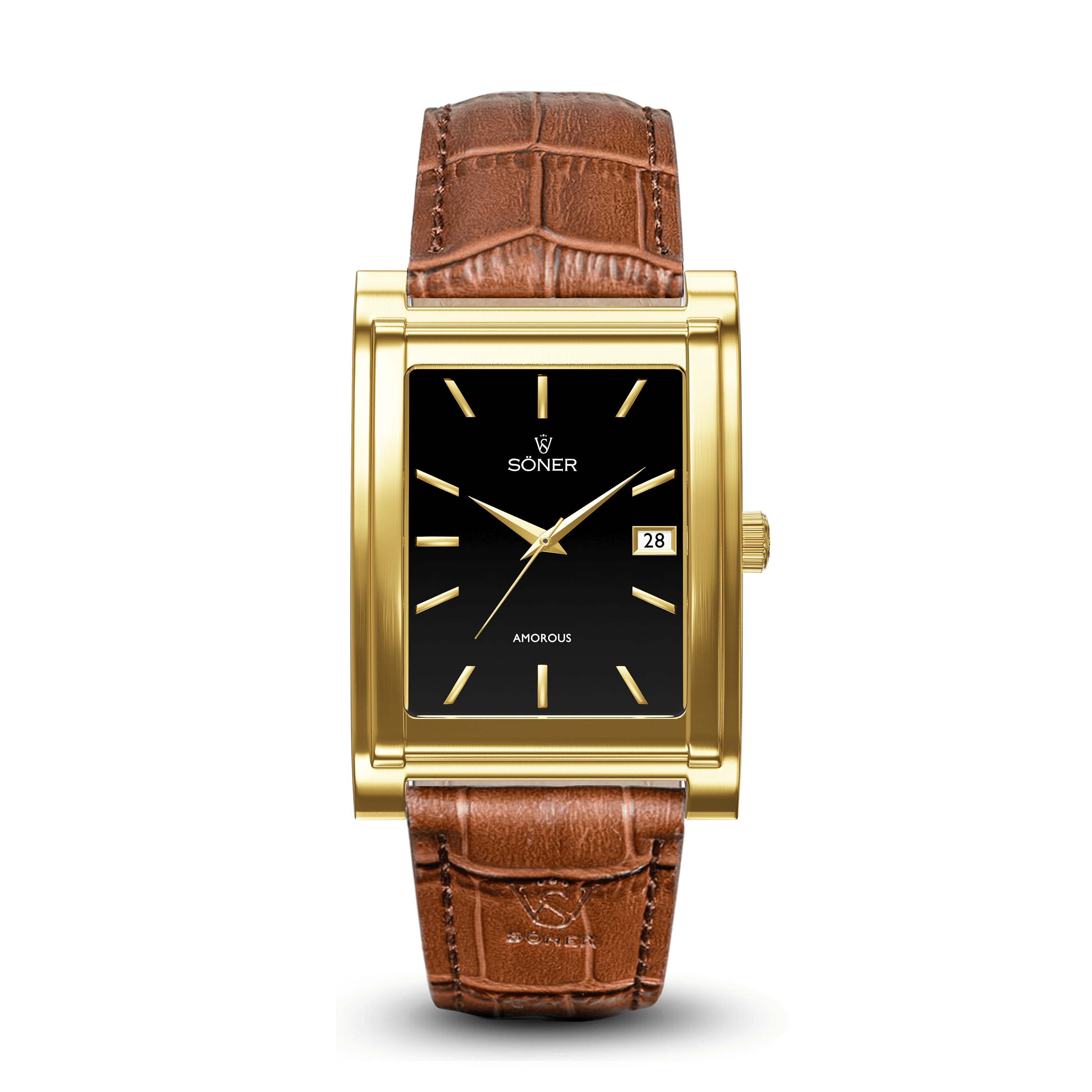 The Amorous Milano boasts a rectangular gold wristwatch with a black dial, accented by gold hands and hour markers. It includes a brown crocodile leather strap and features a small date window on the right side of the dial. This elegant self-winding piece evokes the timeless sophistication of a classic square watch from Söner.