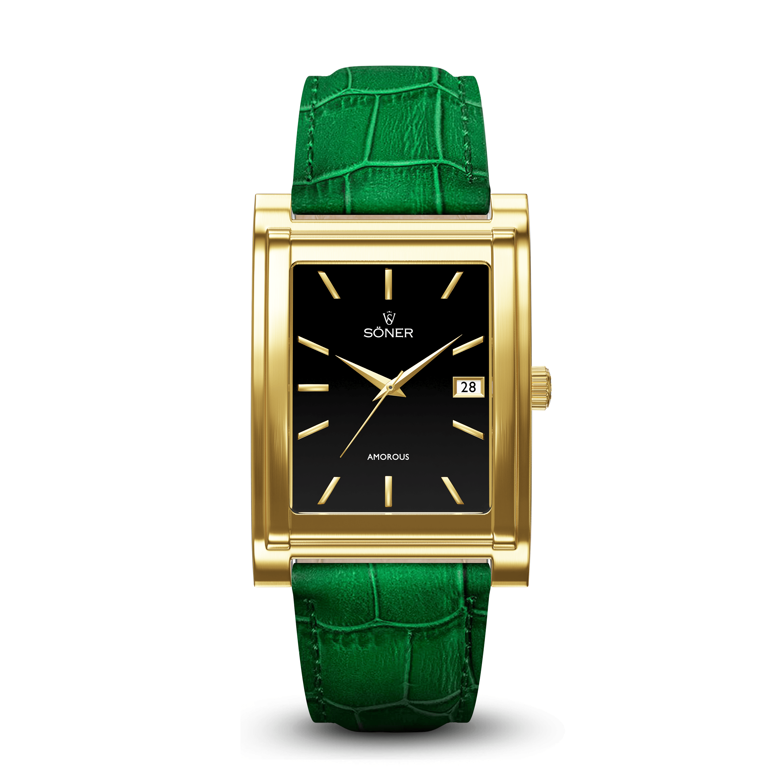 The Amorous Milano self-winding watch by Söner boasts an elegant square design with a gold frame and a black face adorned with gold markers and hands. Its sleek display showcases the date, and it is beautifully complemented by a green crocodile-patterned leather strap.