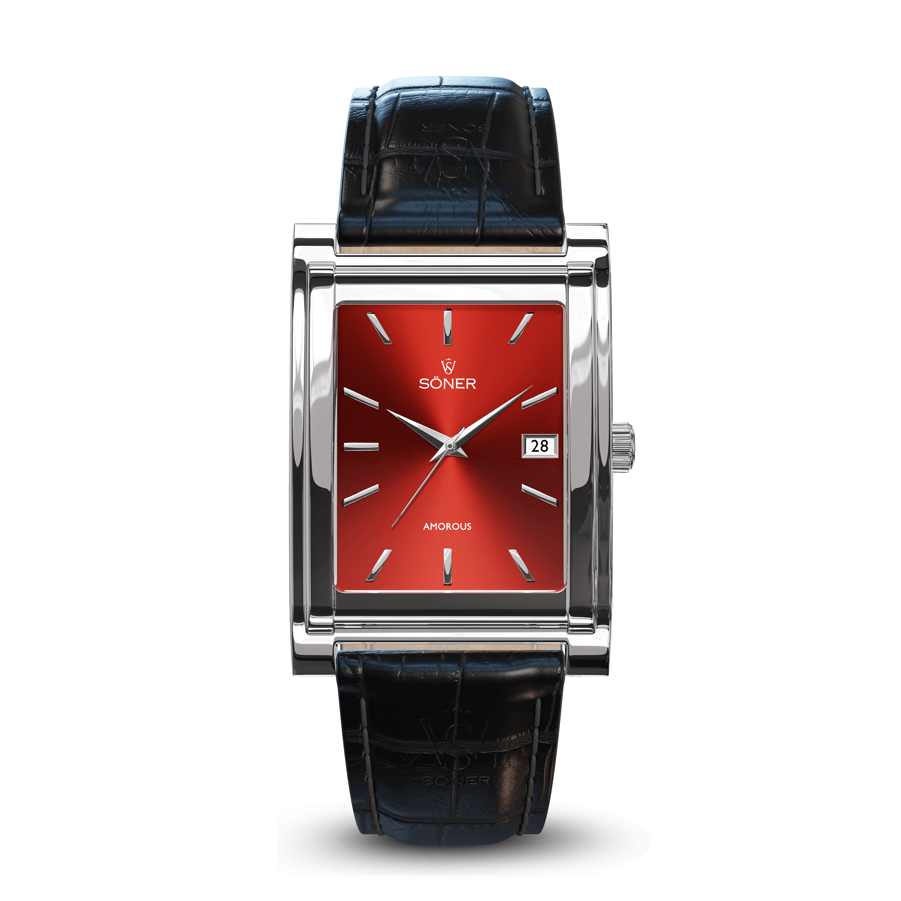 Amorous Rio wristwatch, characterized by its rectangular shape, gleaming metal frame, and dark textured leather strap. The vivid red dial is adorned with silver hour markers and hands. Soner and Amoroso branding is clearly featured near the small date display—an elegant addition to any collection of self-winding watches.