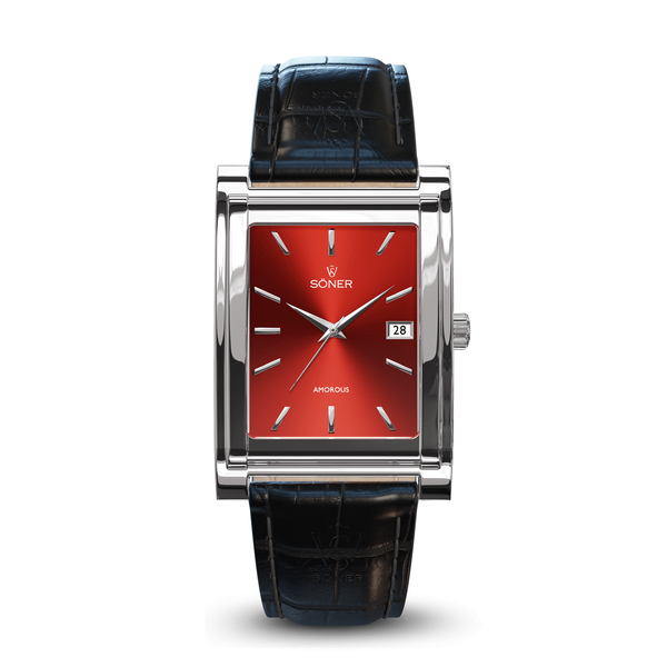 Square automatic watch, Amorous Rio with red dial - black alligator pattern leather strap front view