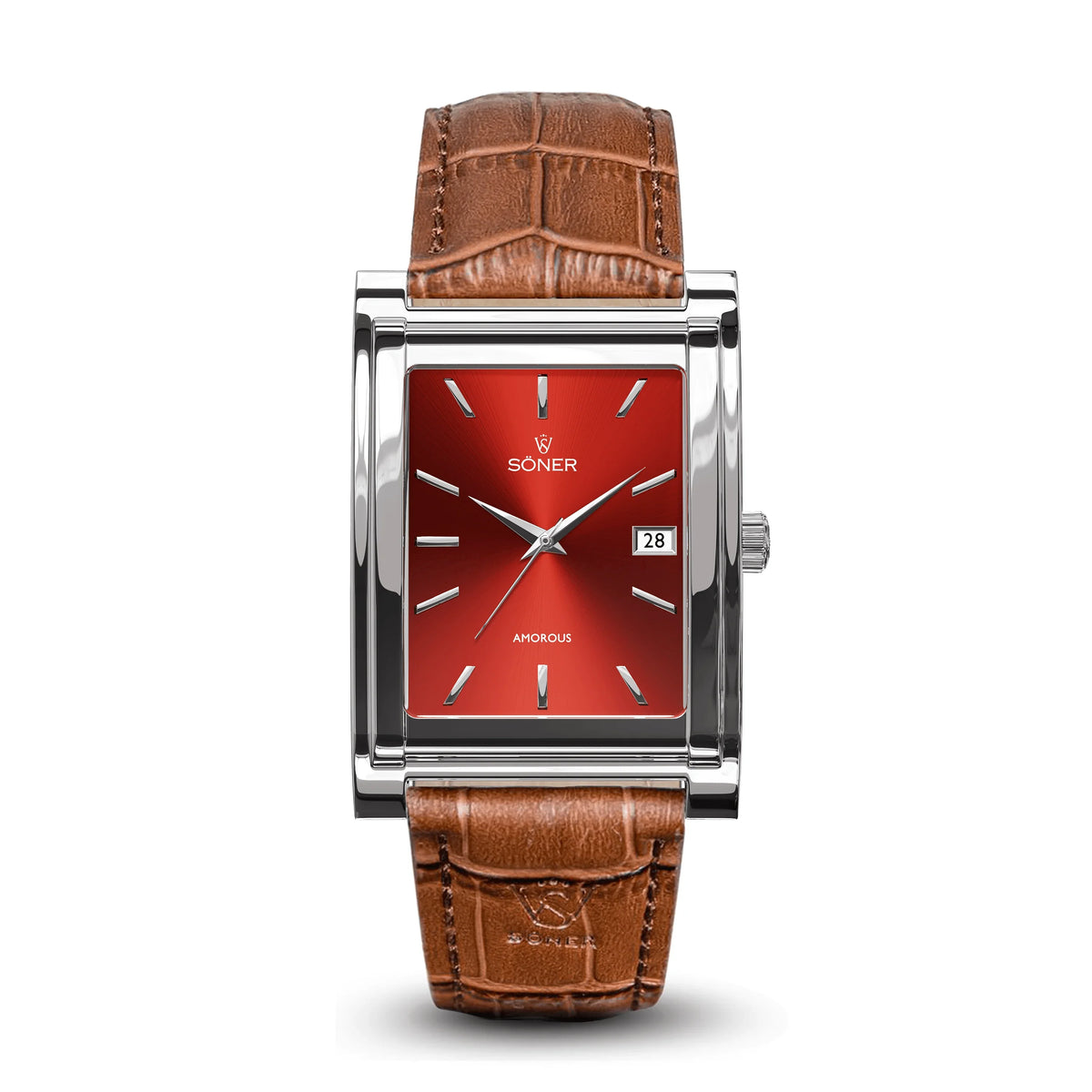Rio, Automatic Rectangular Watch, Polished Steel, Red