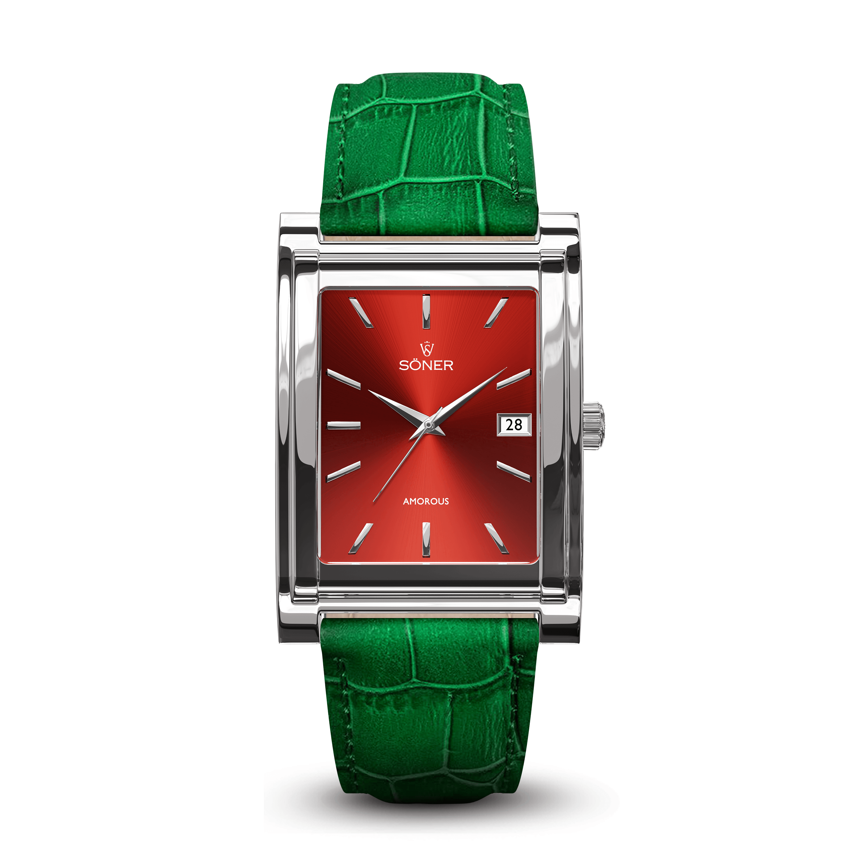 The Amorous Rio (Self-winding) by Söner is a rectangular wristwatch with a shiny silver frame, featuring a vibrant red dial, minimalist silver hour markers and hands, and includes a date display. It is paired with a textured green leather strap.