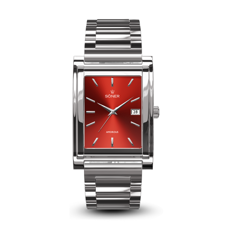 A silver rectangular wristwatch with a metallic strap. The dial is bright red with slender silver hour markers and hands. The brand name Soner and Amorosa are written on the dial, along with a date display on the right side.