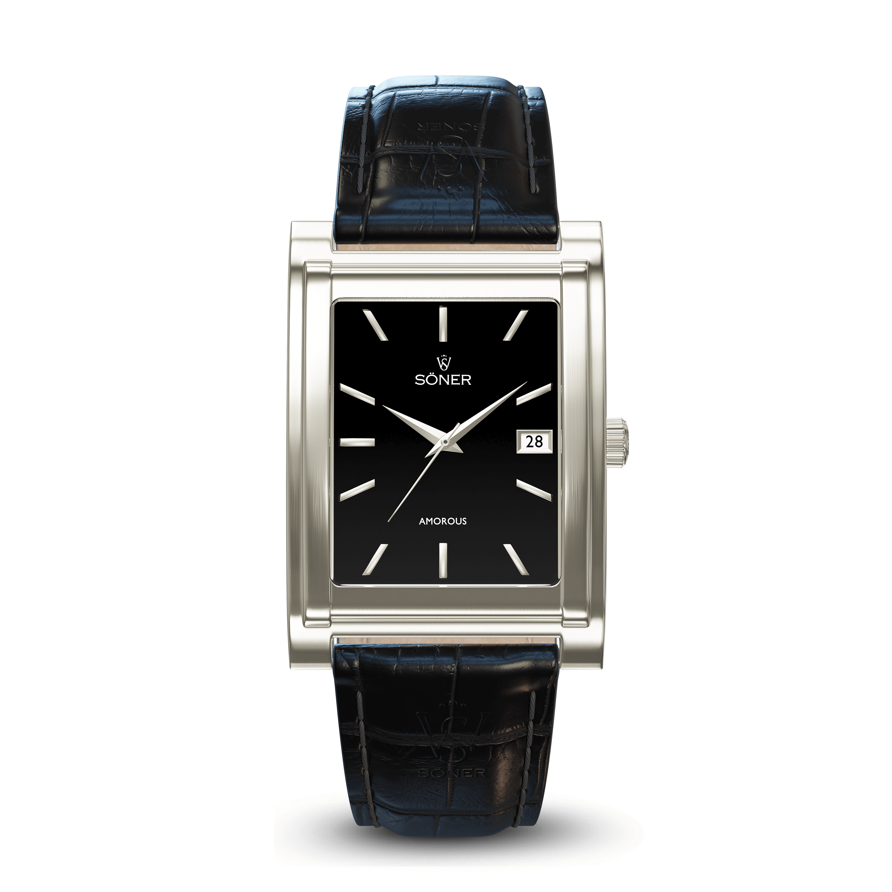 The Amorous Sydney, a self-winding model from Söner, features a rectangular silver case with a black dial adorned with silver hour markers and hands. It includes a textured black leather strap and offers the convenience of a date display at the 3 o'clock position.