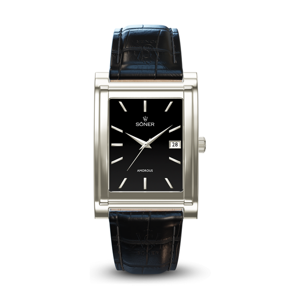 Square automatic watch, Amorous Sydney with black dial - black alligator pattern leather strap front view