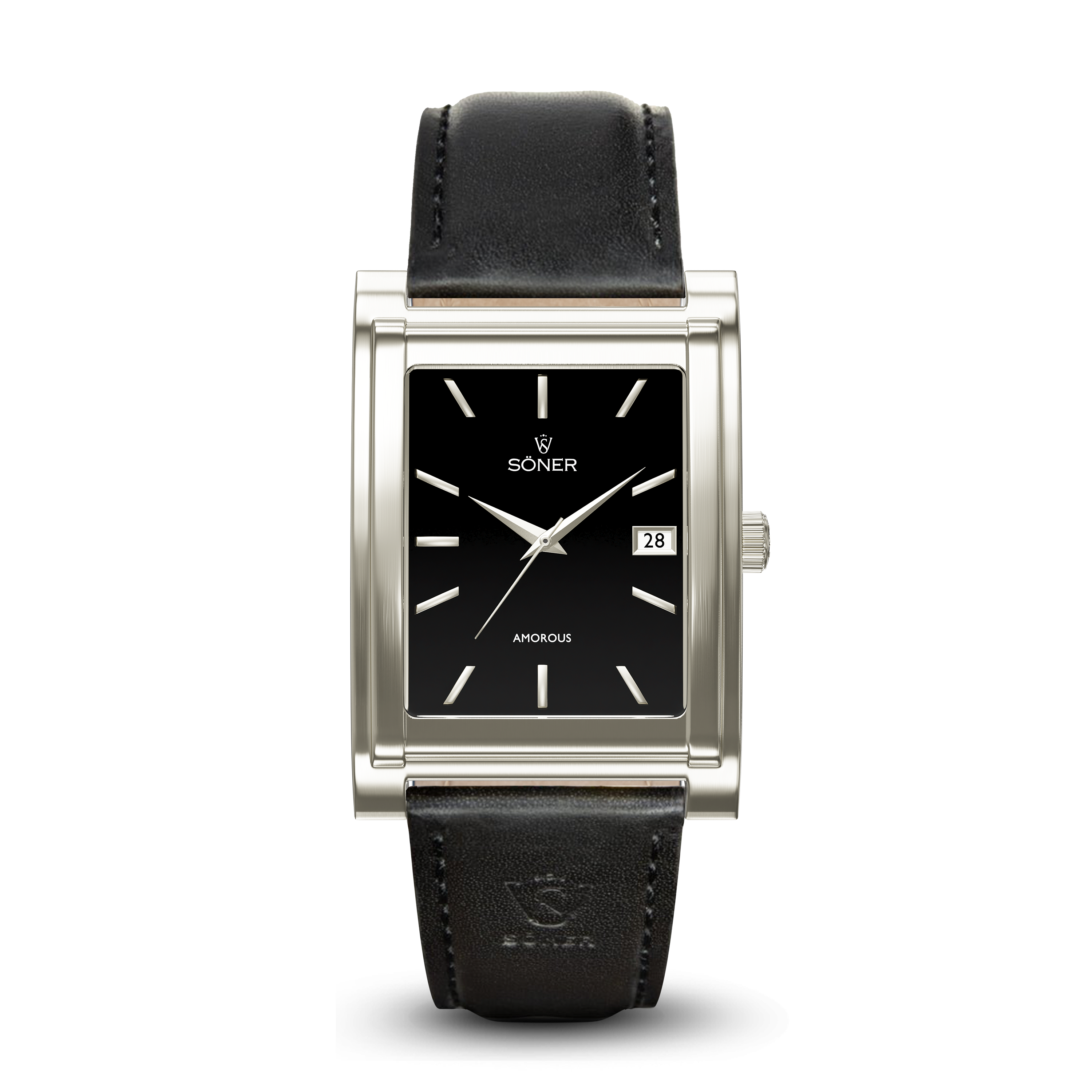Square automatic watch, Amorous Sydney with black dial - black leather strap front view