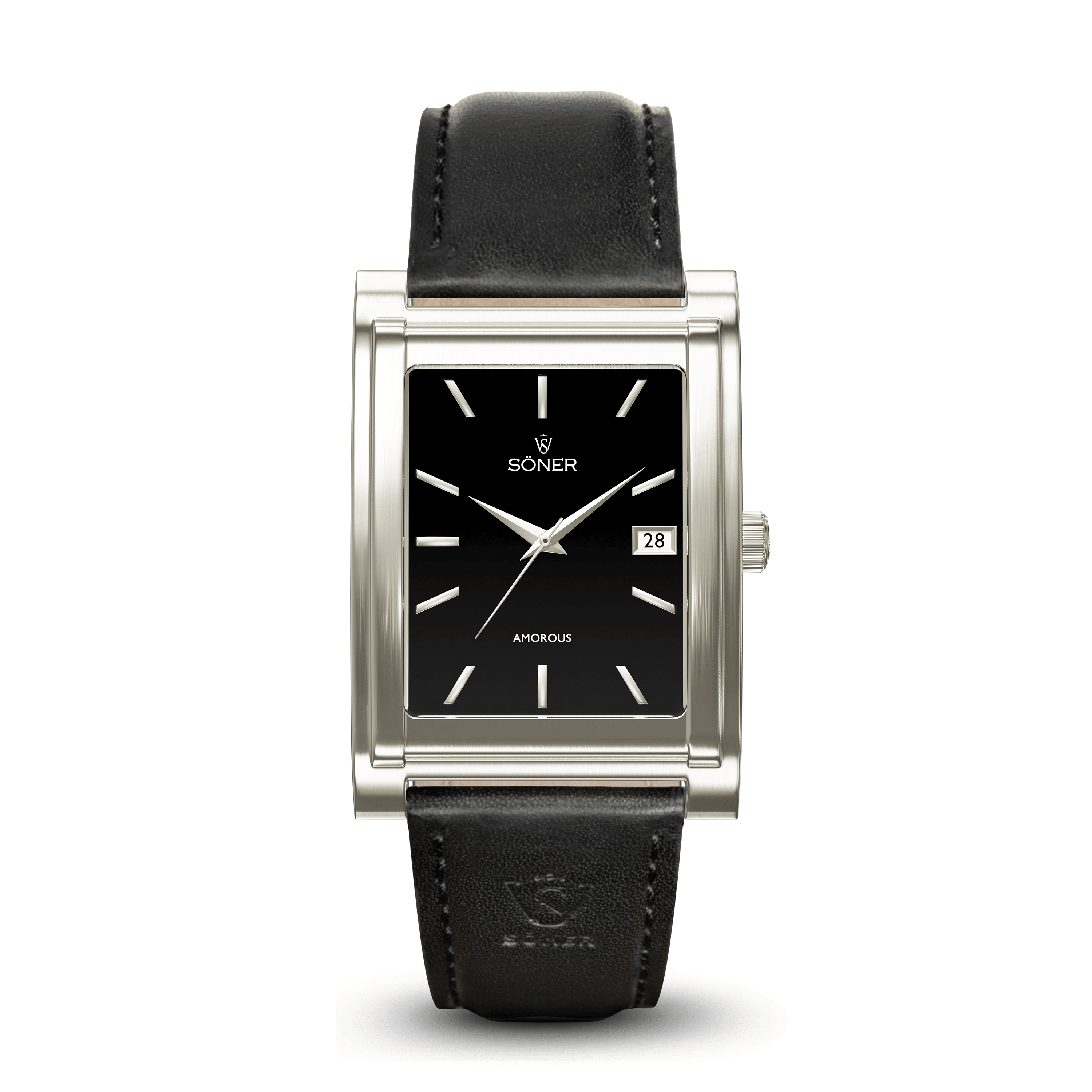 The Amorous Sydney wristwatch, a self-winding model, features a rectangular analog design with a black face and silver hour markers. It boasts a sleek black leather strap, a silver rectangular case, and includes a date display. The brand name Söner is elegantly visible on the dial, embodying the classic charm of their signature design.