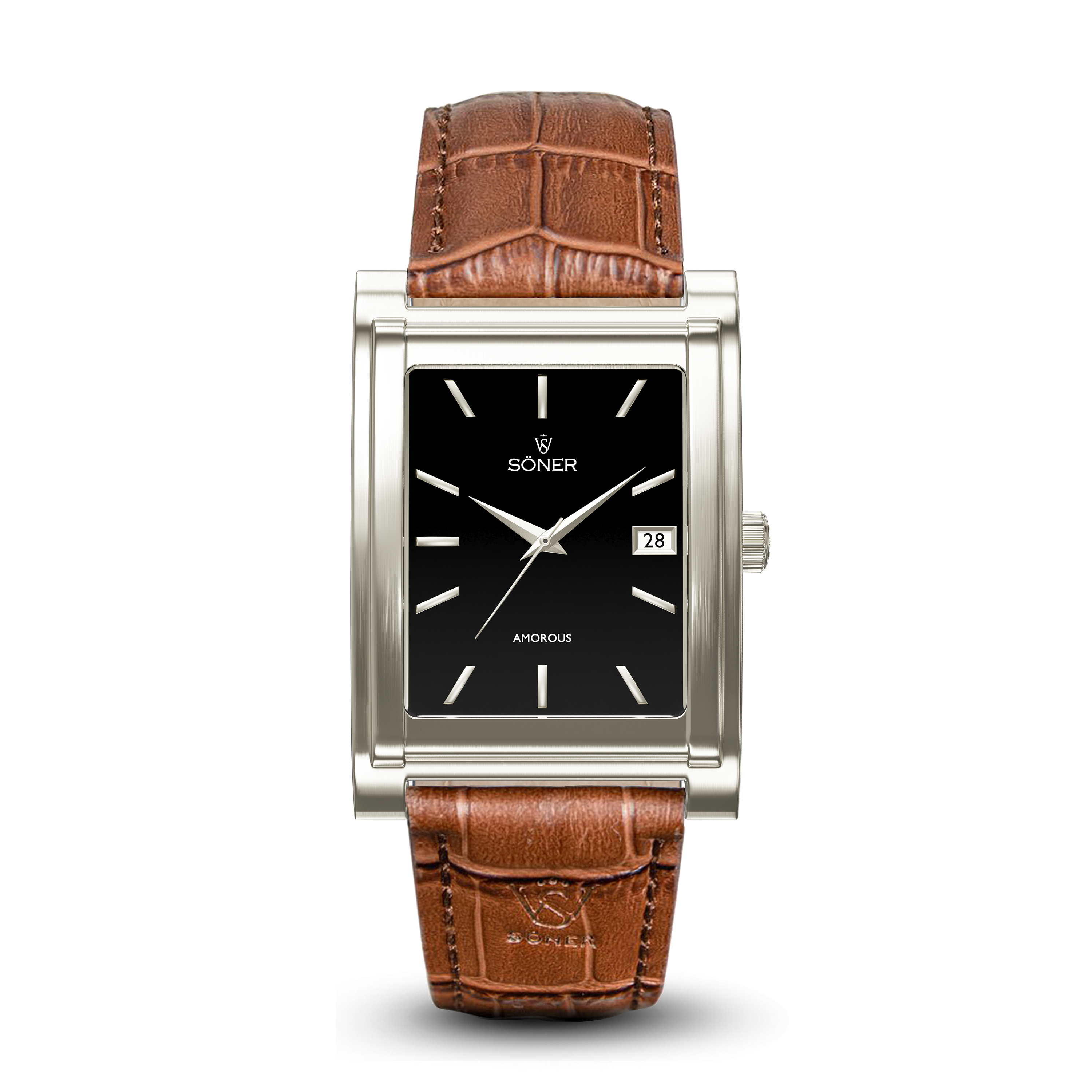 Square automatic watch, Amorous Sydney with black dial - brown alligator pattern leather strap front view