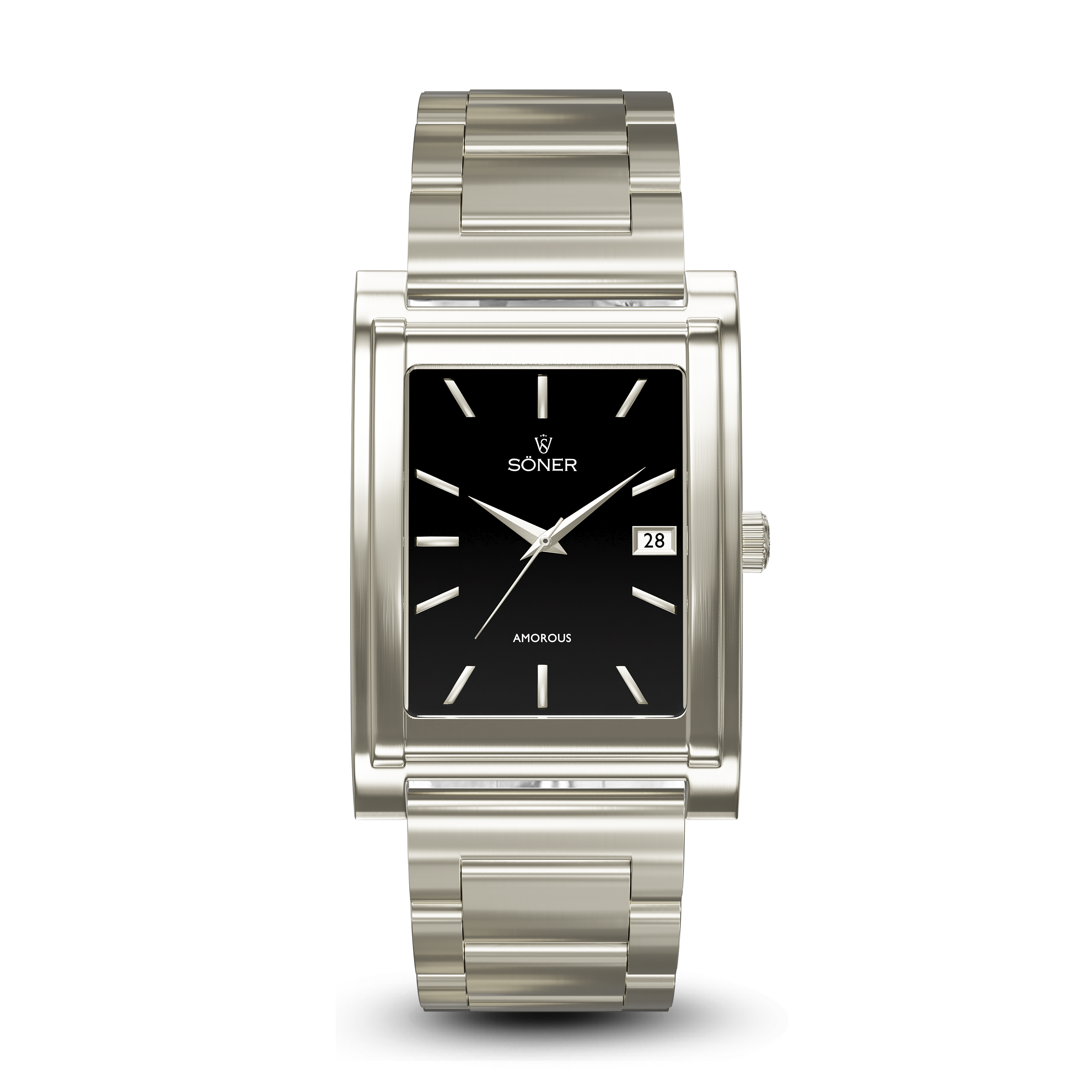 Square automatic watch, Amorous Sydney with black dial - steel bracelet front view
