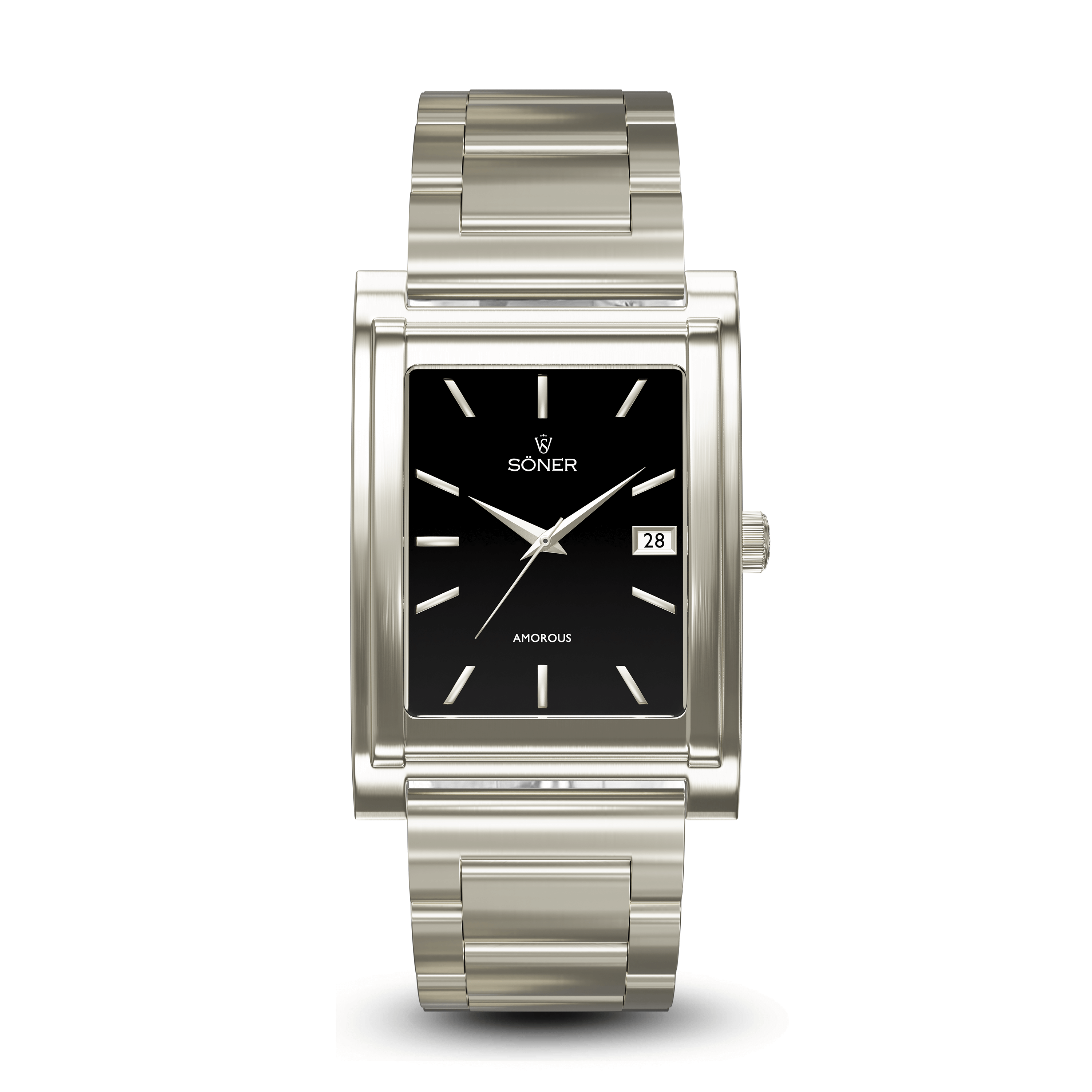 The Amorous Sydney is a sleek silver wristwatch featuring a rectangular black dial, minimalist white hour markers, silver hands, and a small date window on the right. Its polished silver casing pairs perfectly with the metal link band. Additionally, its self-winding.