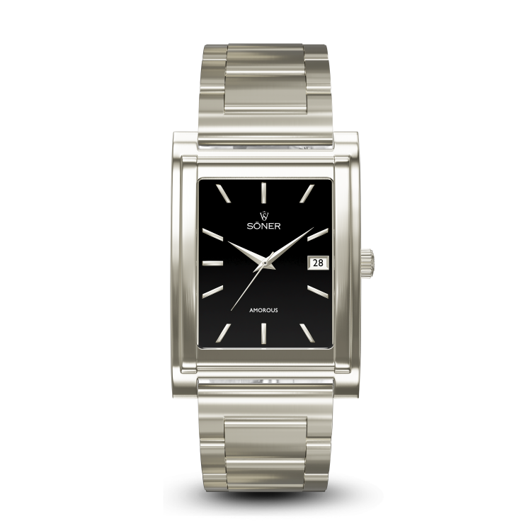 A sleek, rectangular silver wristwatch with a black face featuring silver hour markers and hands. The date window is at 3 oclock. The watch has a matching silver metal band.