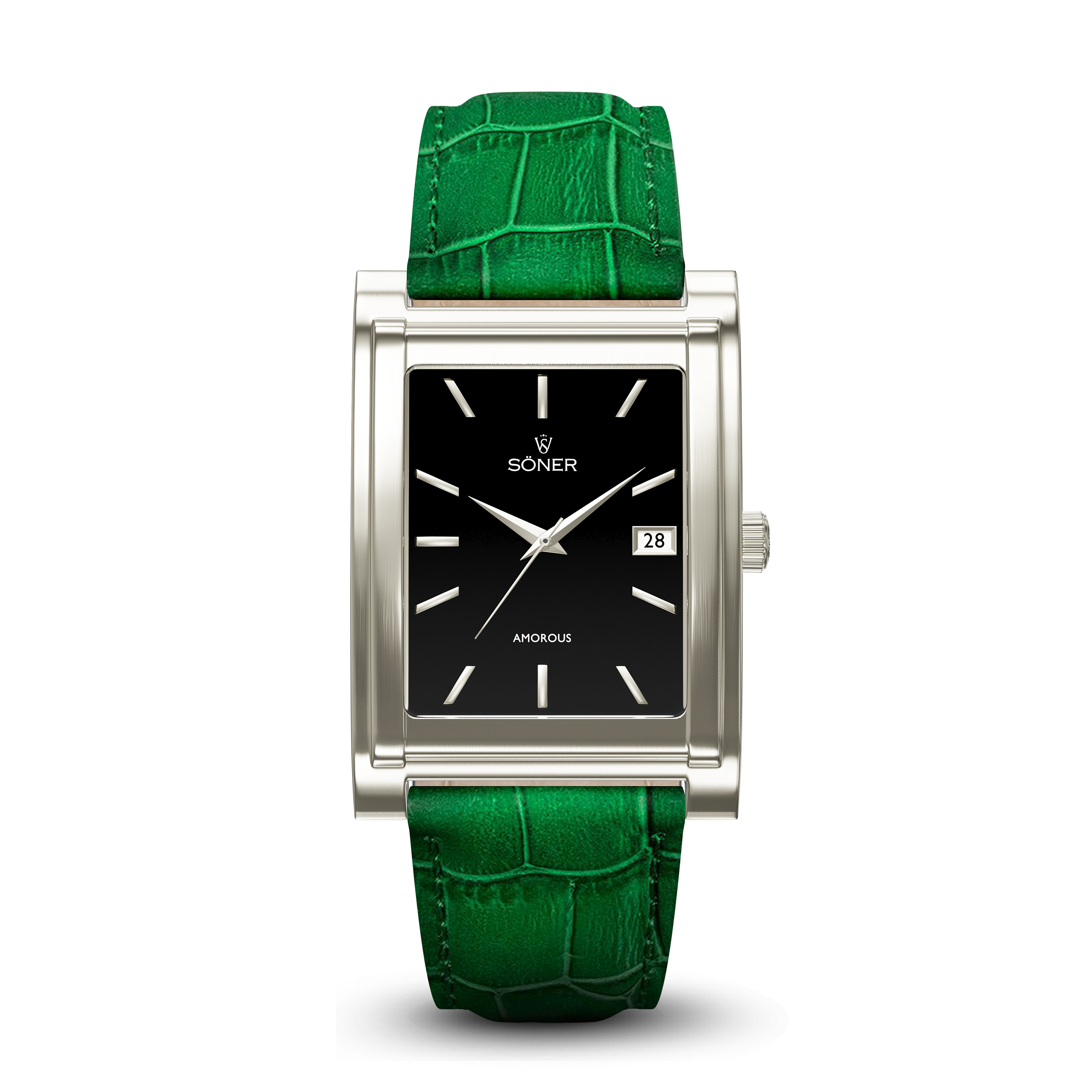 Square automatic watch, Amorous Sydney with black dial - green alligator pattern leather strap front view