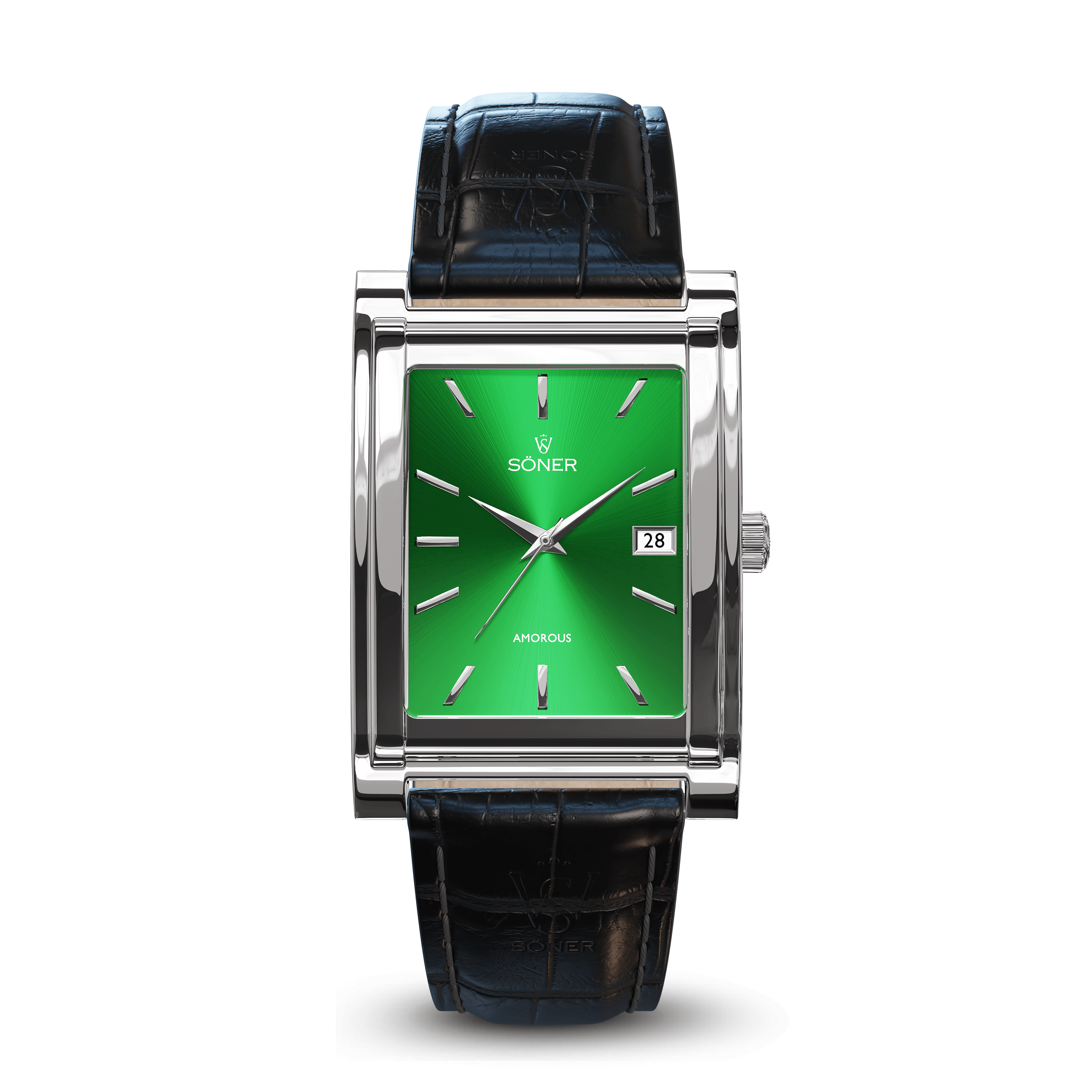 The Amorous Tokyo watch from Söner features a sleek silver rectangular frame and a black leather strap. Its vibrant green dial is designed with minimalist hour markers, slim silver hands, and a date display at the 3 o'clock position, while the SONER brand name is elegantly centered on the dial.