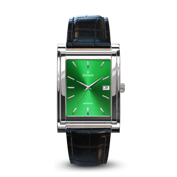 Square automatic watch, Amorous Tokyo with green dial - black alligator pattern leather strap front view