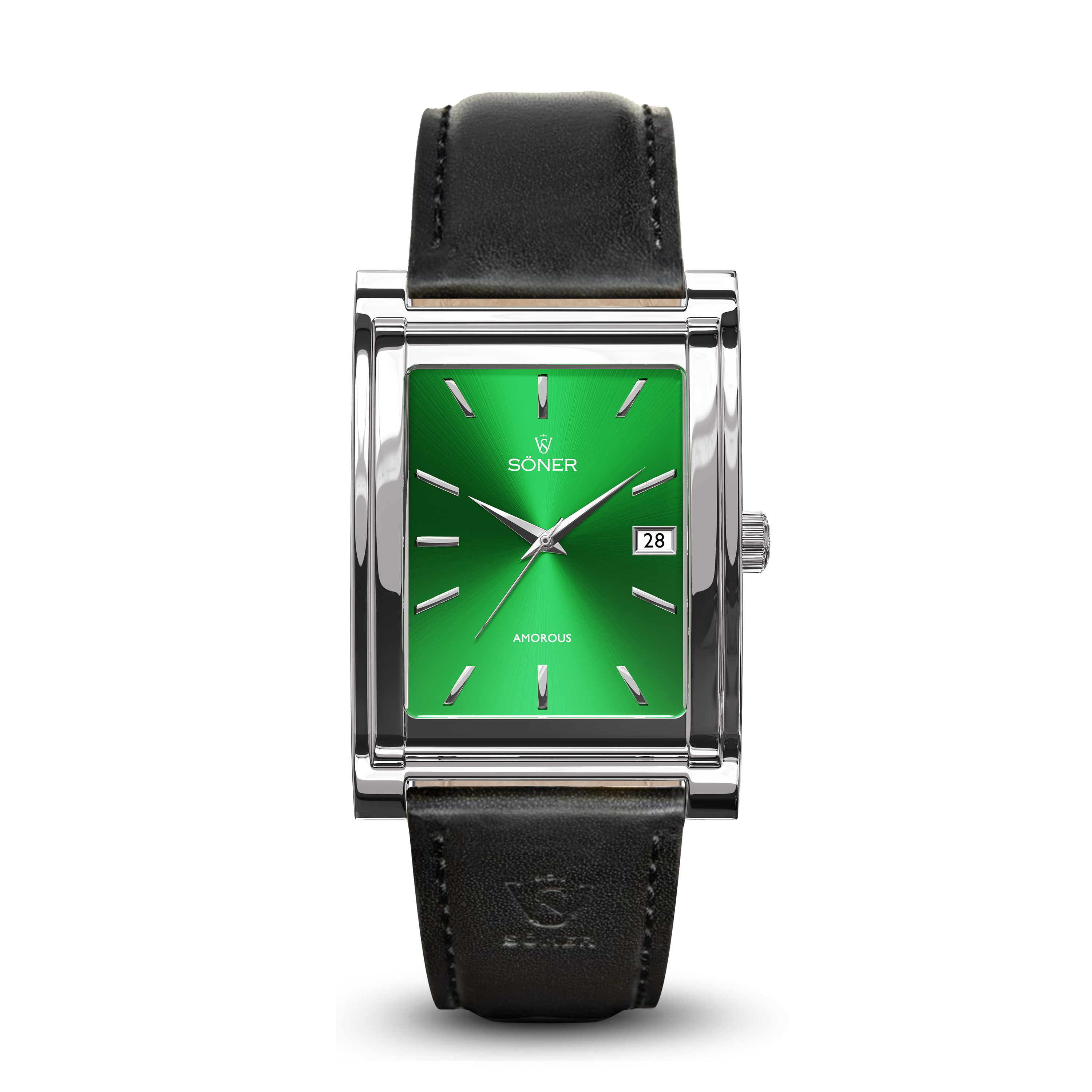 Square automatic watch, Amorous Tokyo with green dial - black leather strap front view