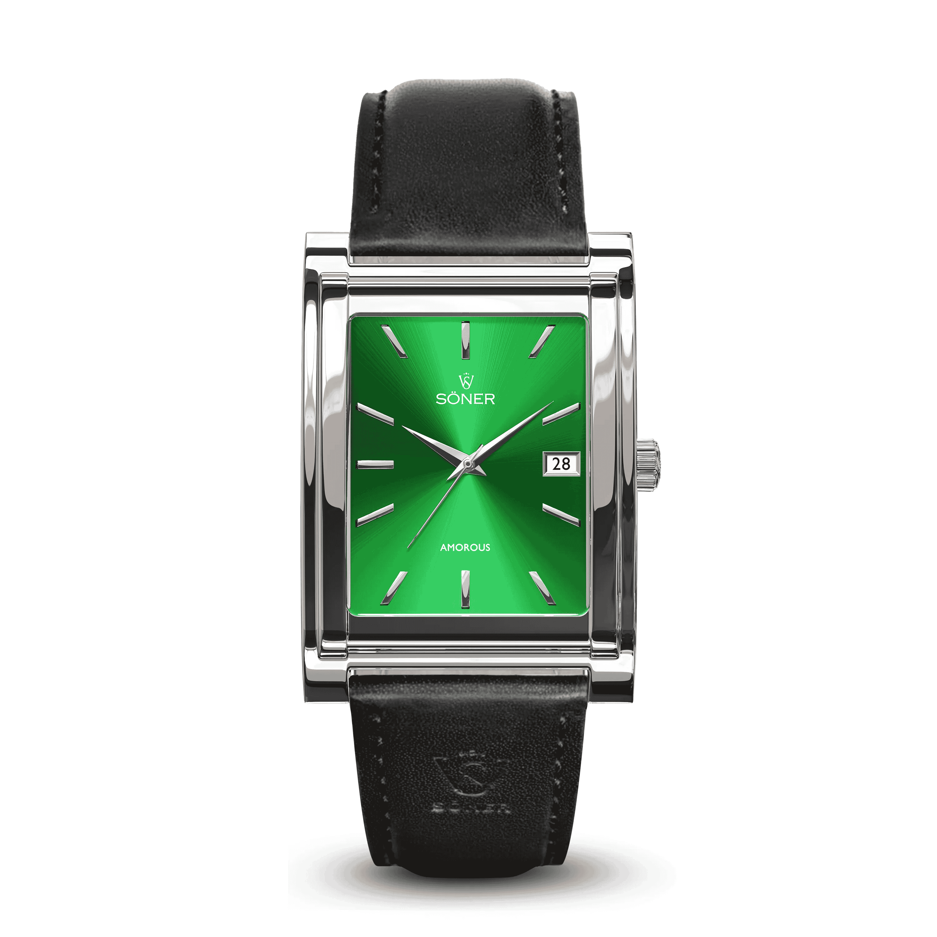 The Amorous Tokyo (Self-winding) is a stylish wristwatch with a rectangular green dial, silver hour markers, and a silver case. It features a date display on the right side and comes with a black leather strap.