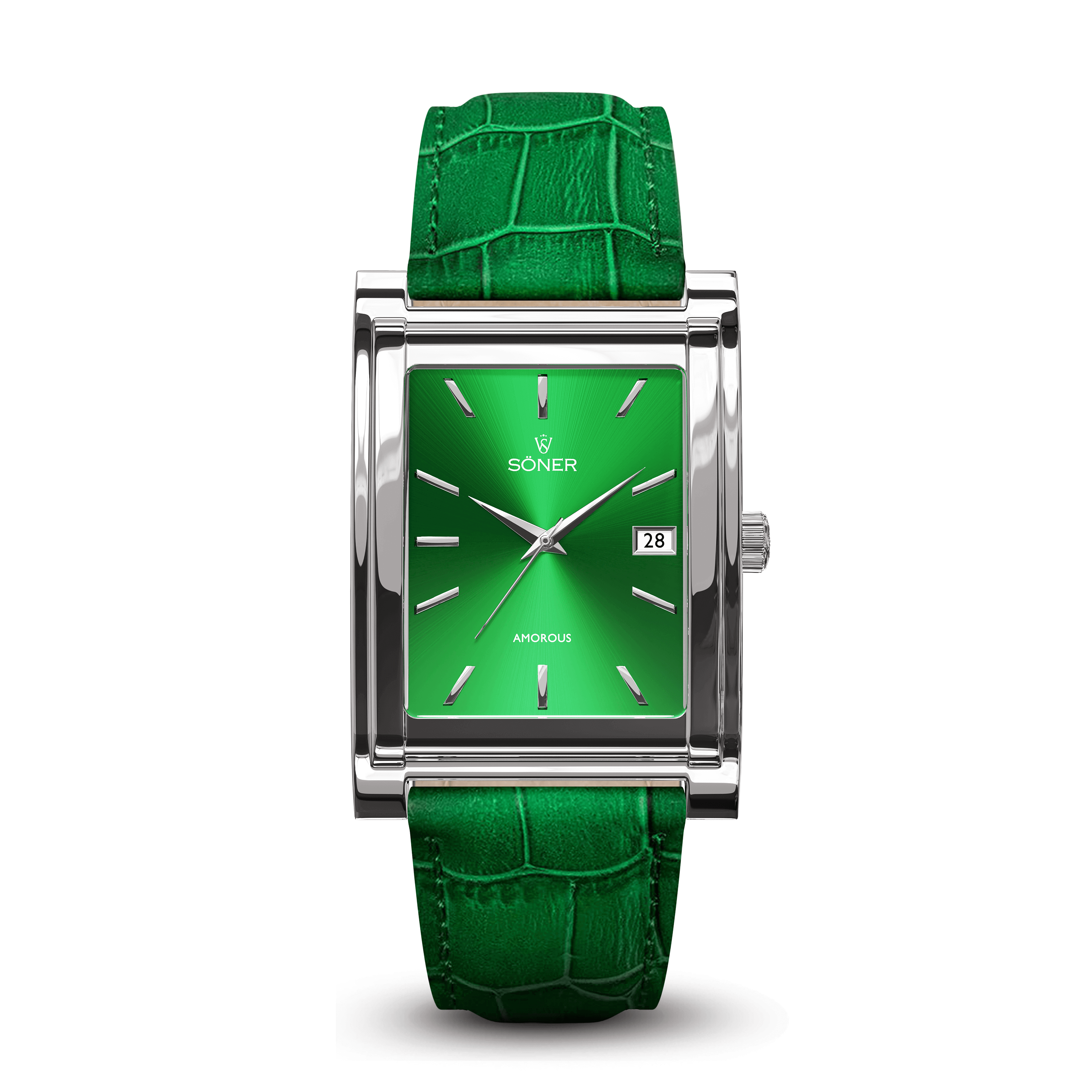 The Amorous Tokyo watch by Soner is a self-winding, rectangular silver timepiece with a minimalist green face displaying the date. It features a textured green leather strap, and Analogous is printed on the dial.