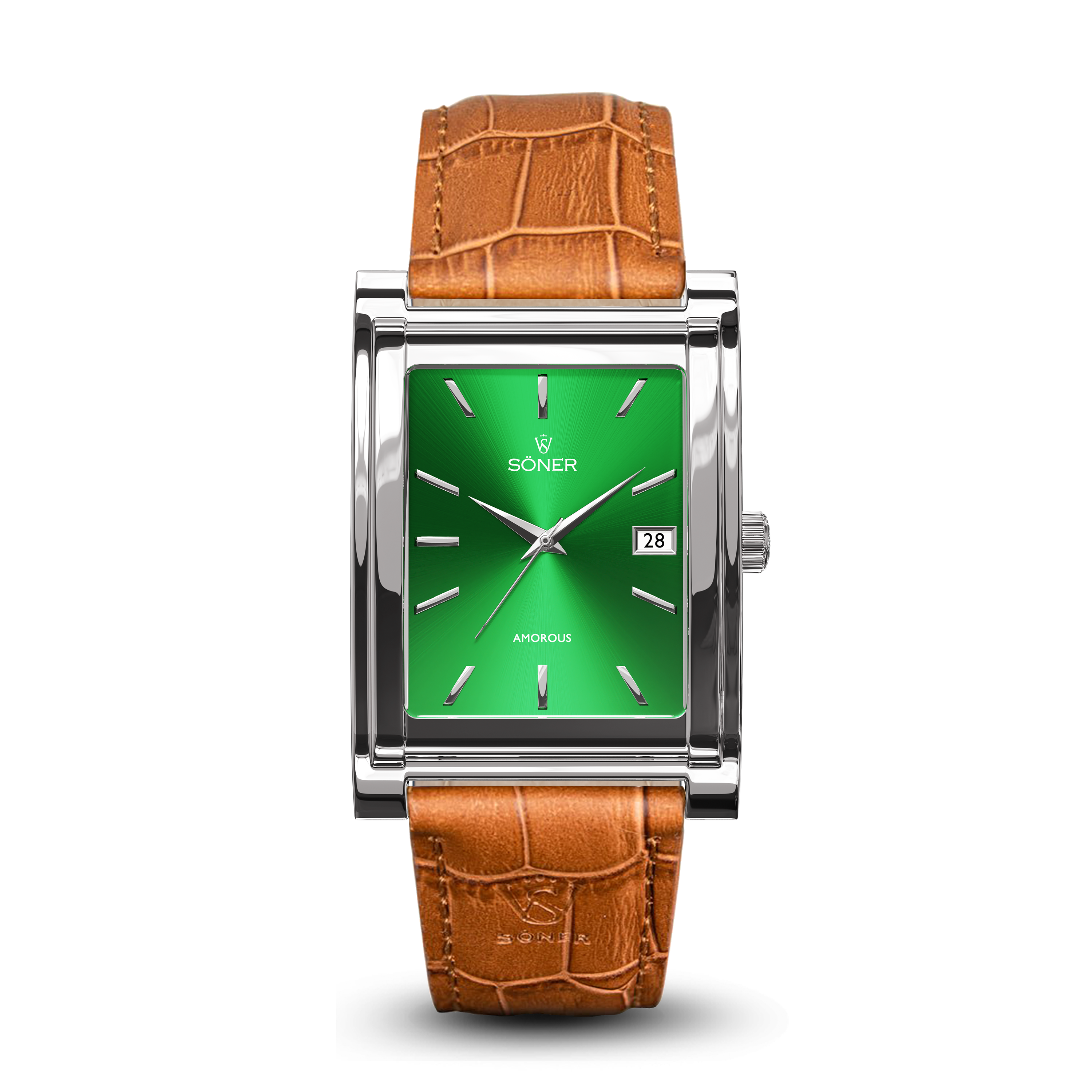 Square automatic watch, Amorous Tokyo with green dial - light brown alligator pattern leather strap front view