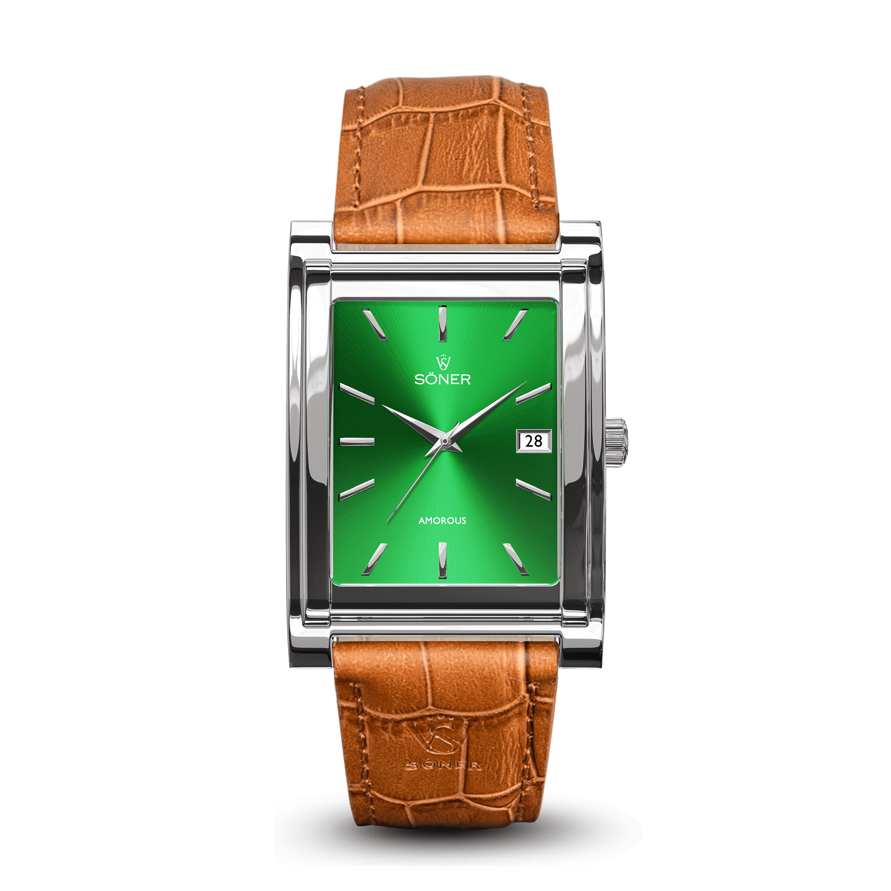 The Amorous Tokyo watch showcases a sleek rectangular design with a silver case, complemented by a vibrant green dial and a brown leather strap. The dial features elegant hour markers, a date window positioned at 3 o'clock, and the brand logo situated below the 12 o'clock mark.