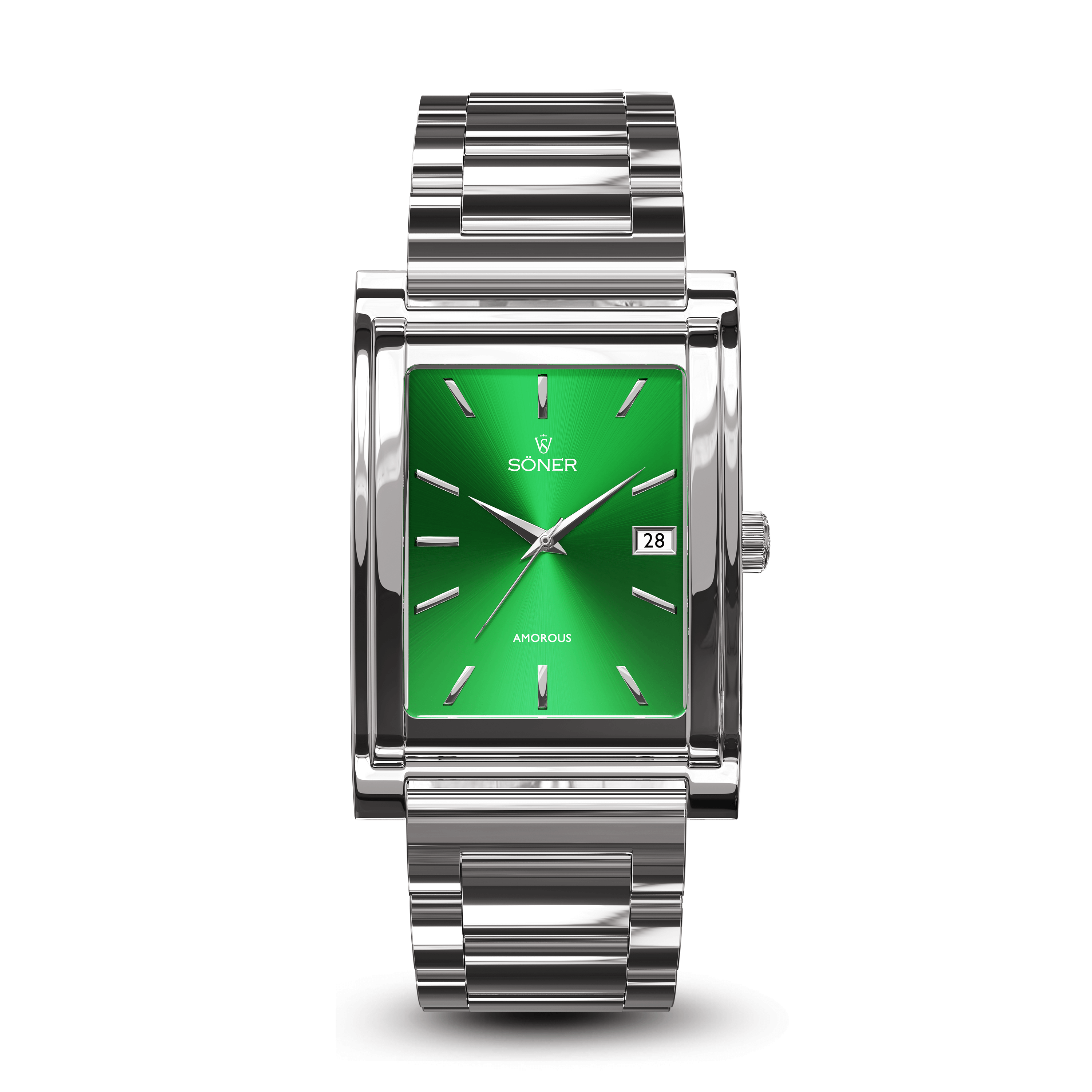 The Amorous Tokyo is a sleek wristwatch featuring a shiny silver metal band and rectangular case. It has a vivid green dial with silver hands and markers, displays the brand Soner, and shows the date in a small window on the right. (Self-winding).