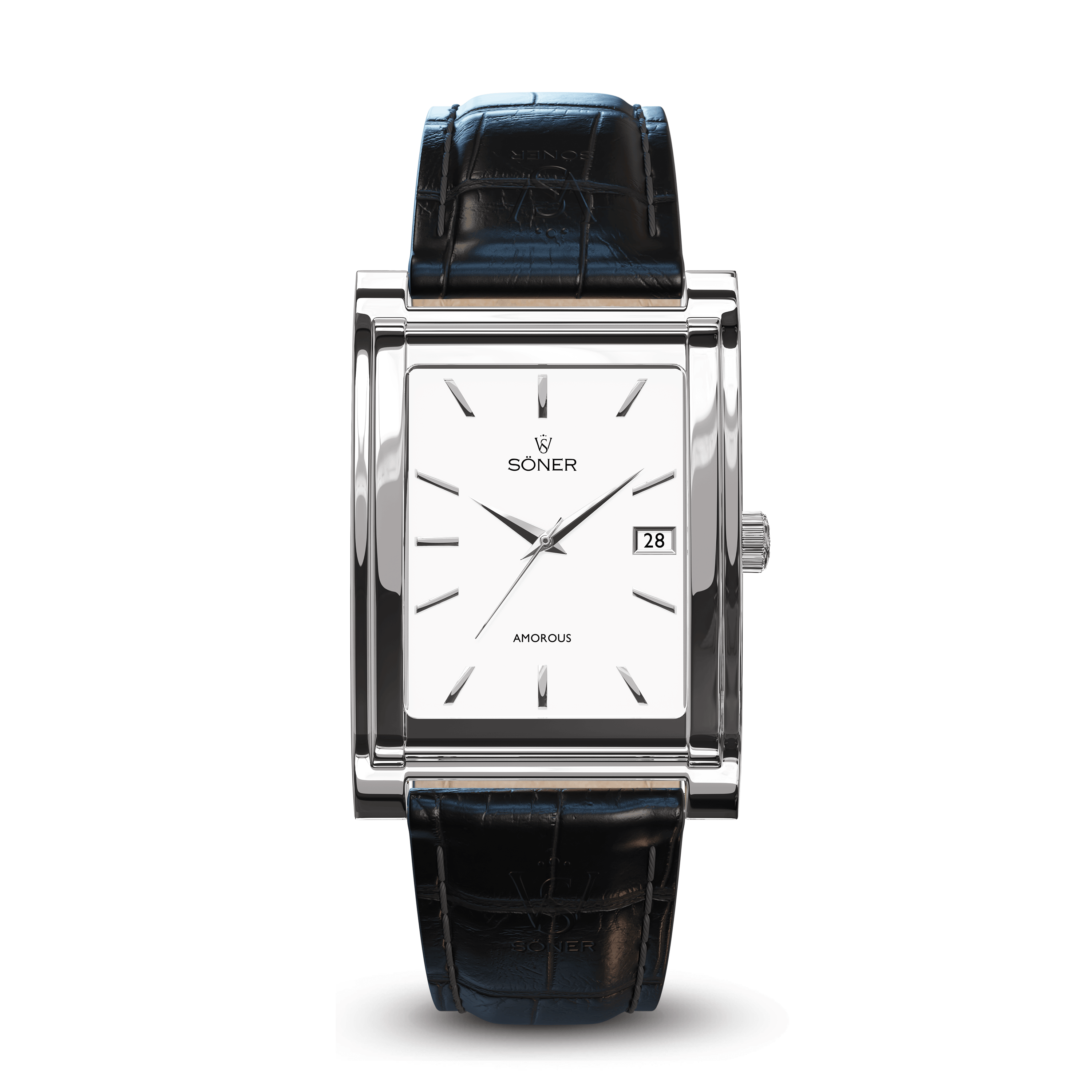 Introducing the Amorous Vienna, a self-winding rectangular watch featuring a white dial accented with silver hour markers and hands. It includes a date display at 3 o'clock and is adorned with the SONER and AMOROUS text. The watch is elegantly complemented by a black alligator-style leather strap, perfectly combining sophistication with precision.