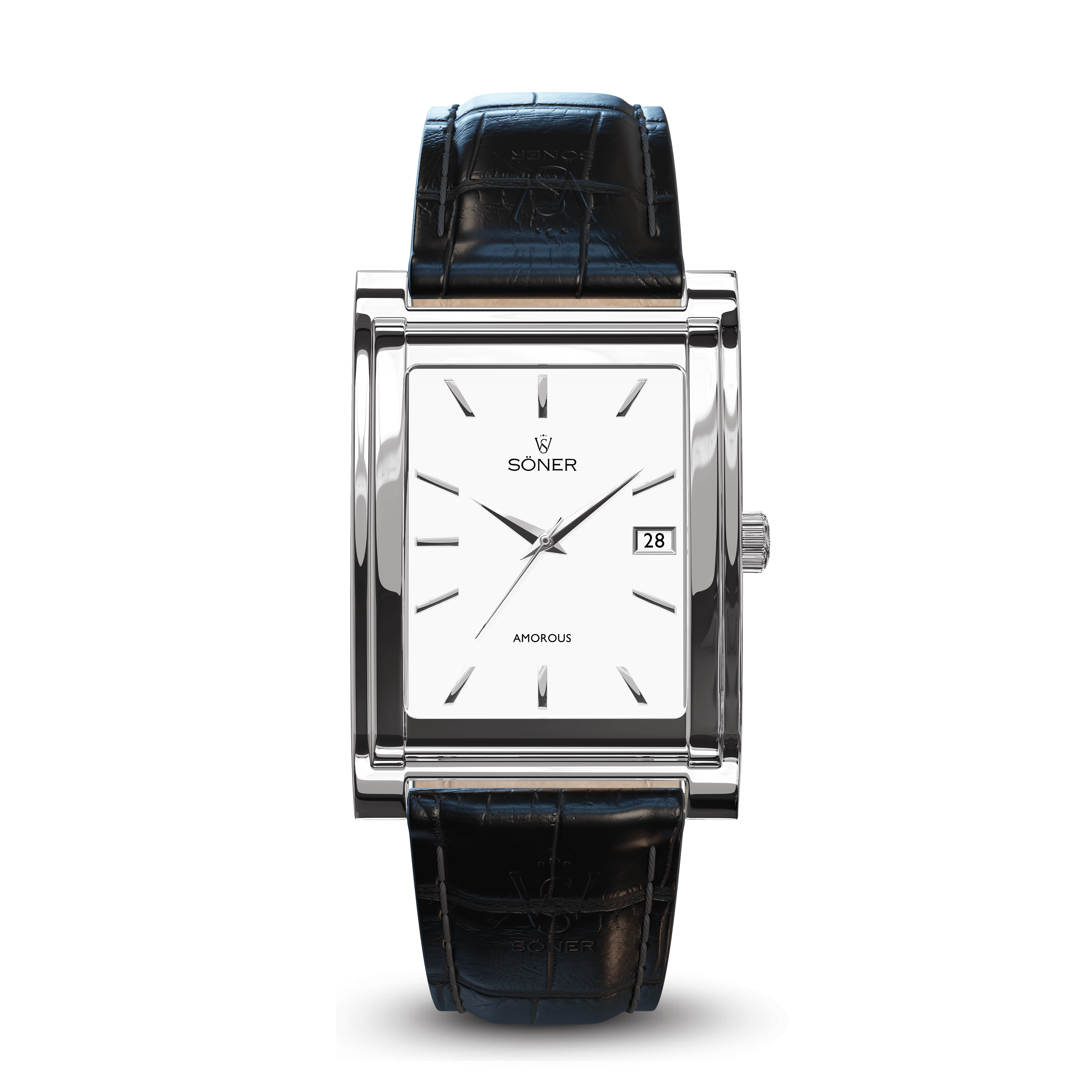 The Amorous Vienna rectangular silver wristwatch features a white face, slender black markers, hands, a date window at 3 oclock, and Soner on the dial. It has a black leather crocodile-pattern strap and is self-winding.