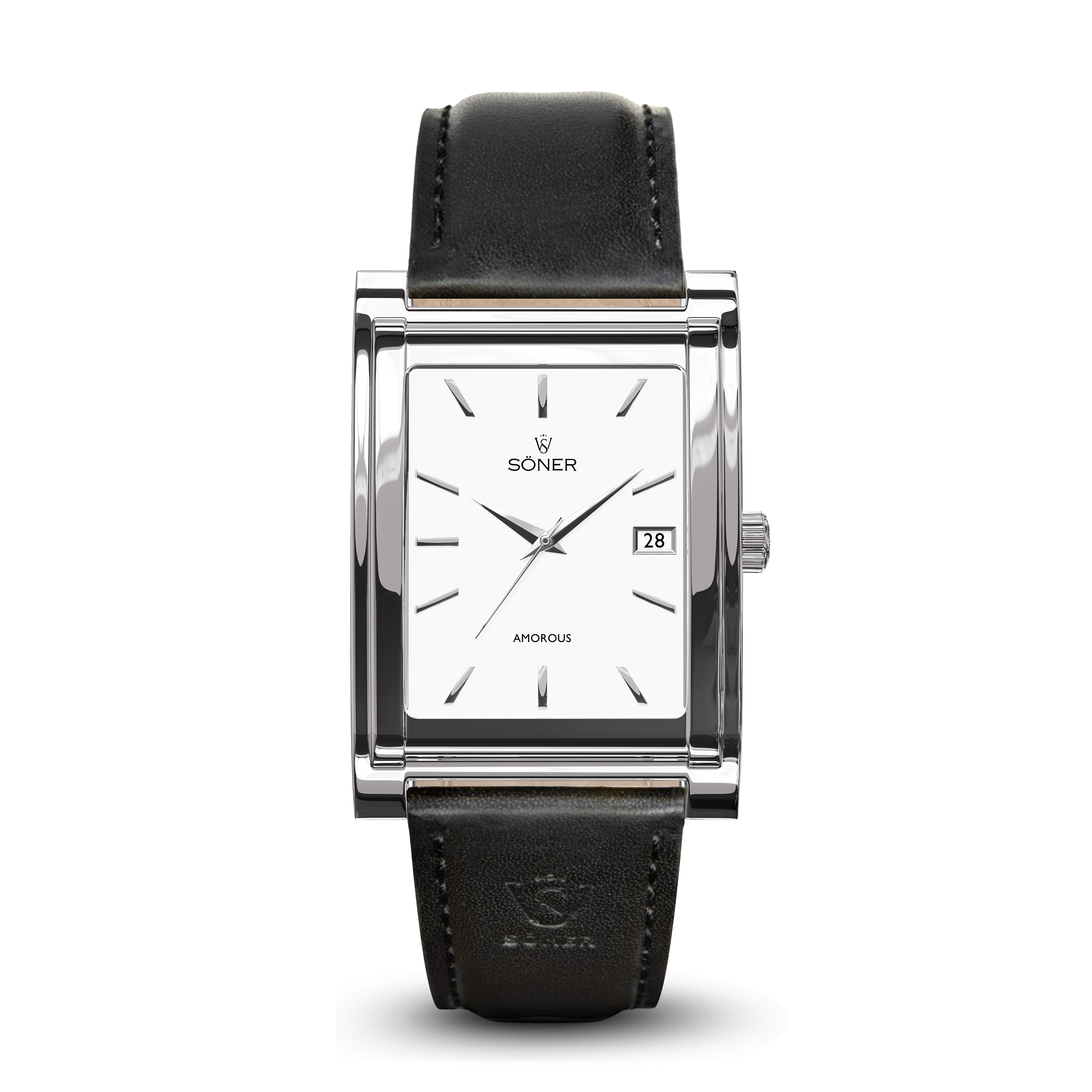 Square automatic watch, Amorous Vienna with white dial - black leather strap front view
