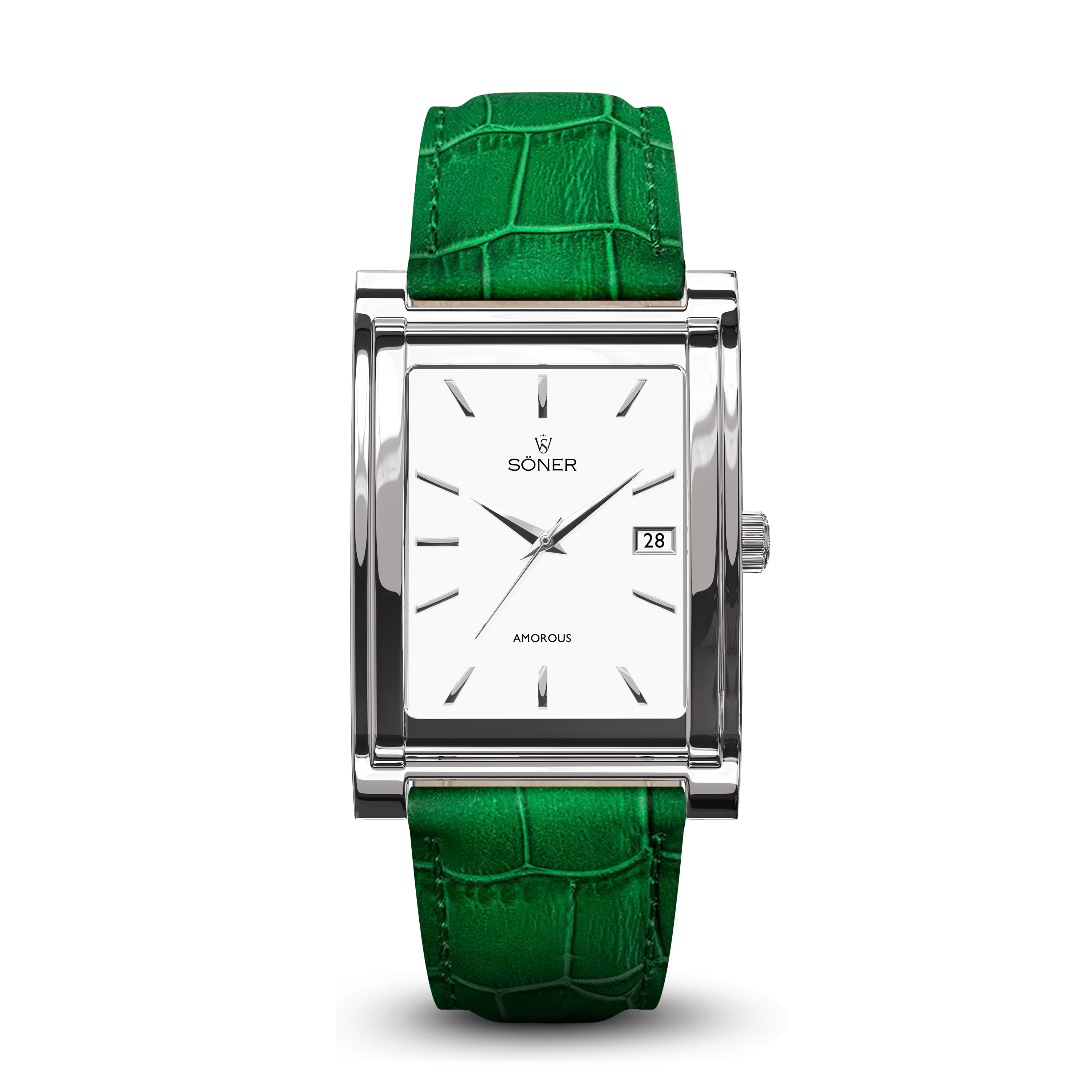 Square automatic watch, Amorous Vienna with white dial - green alligator pattern leather strap front view