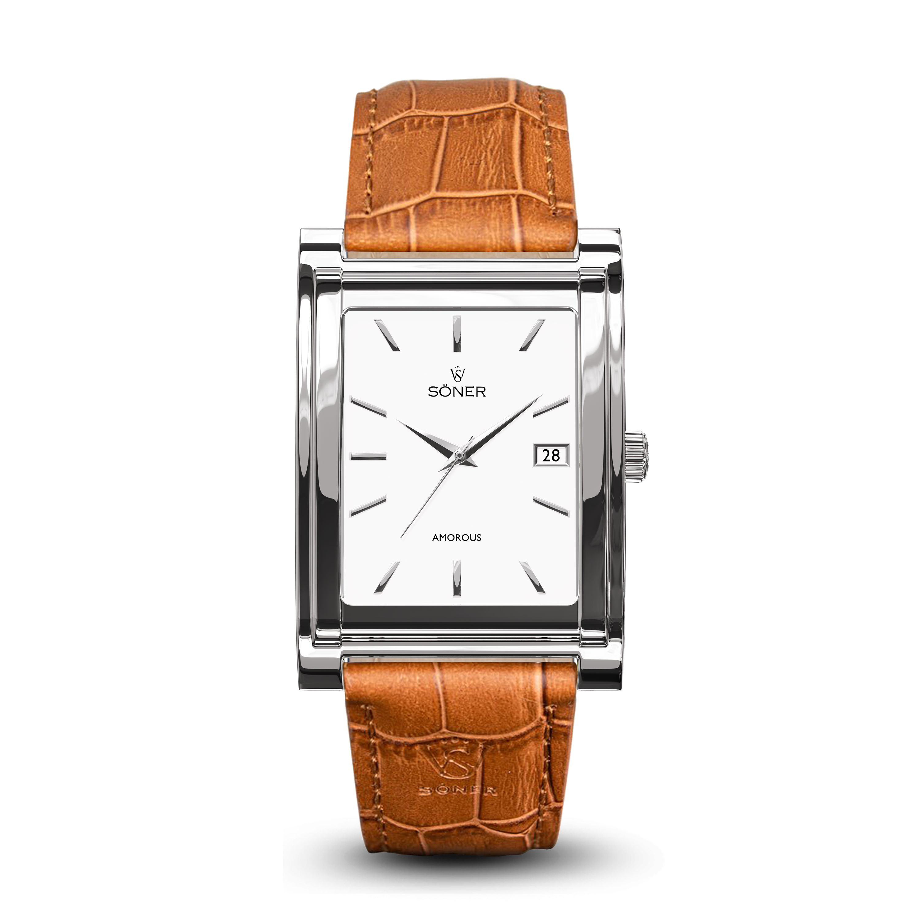 Square automatic watch, Amorous Vienna with white dial - light brown alligator pattern leather strap front view