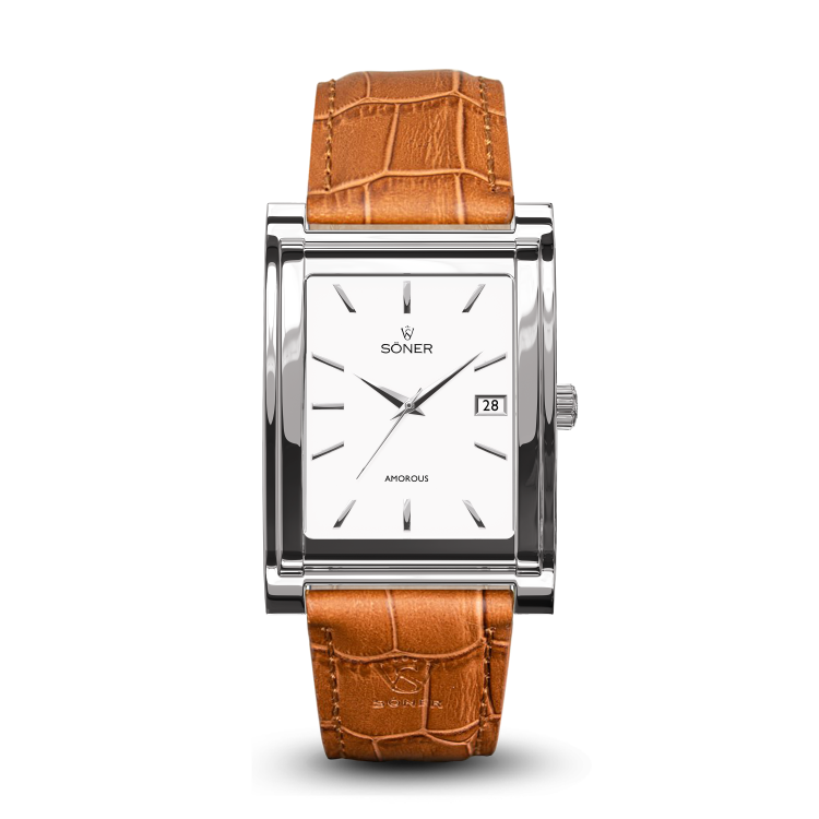 Rectangular wristwatch with a silver frame, white dial, and silver hour markers. It features black hour and minute hands, a date window, and a brown crocodile-embossed leather strap.