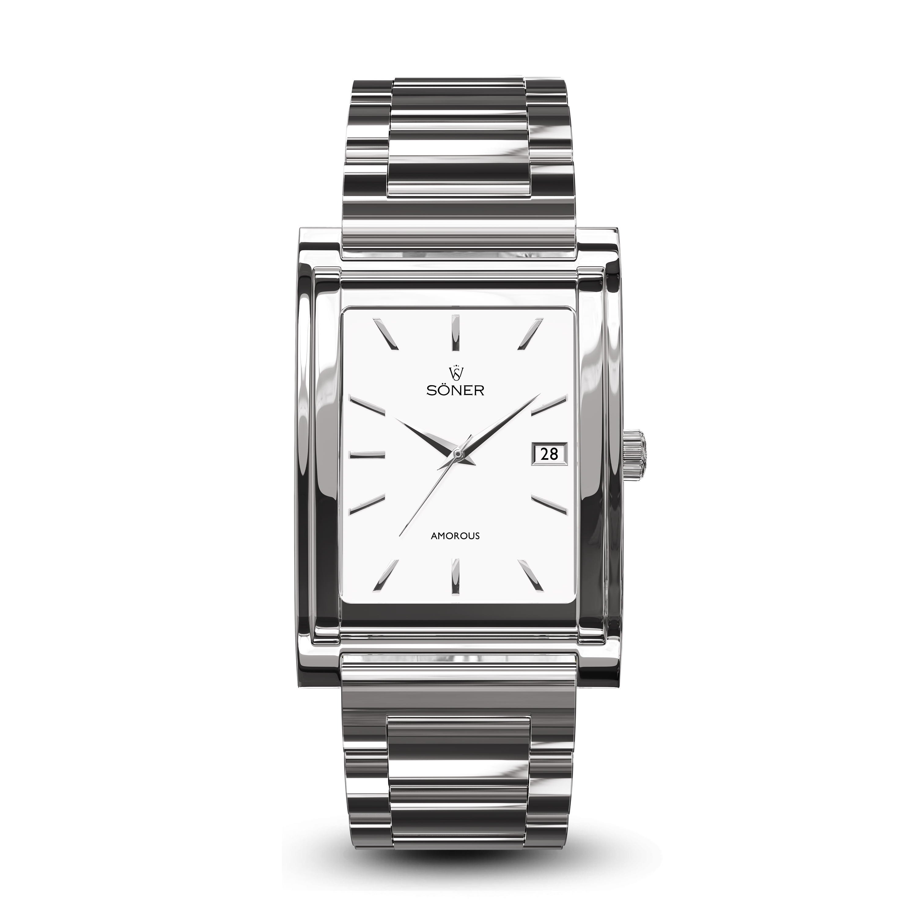 Square automatic watch, Amorous Vienna with white dial - steel bracelet front view