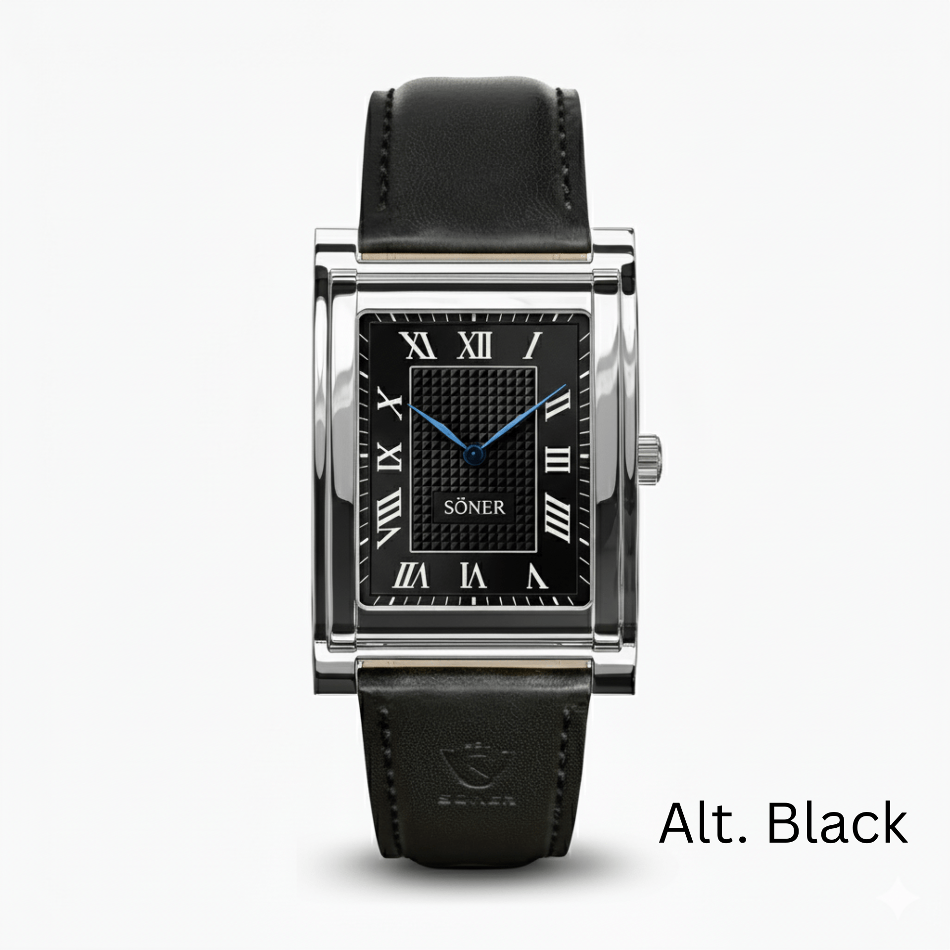 Söner Tank Watch - Pre-launch: Rectangular luxury wristwatch featuring a black leather strap, black dial with silver Roman numerals, blue hands, polished silver case, and "SONER" on the dial. "Alt. Black" appears in the bottom right.