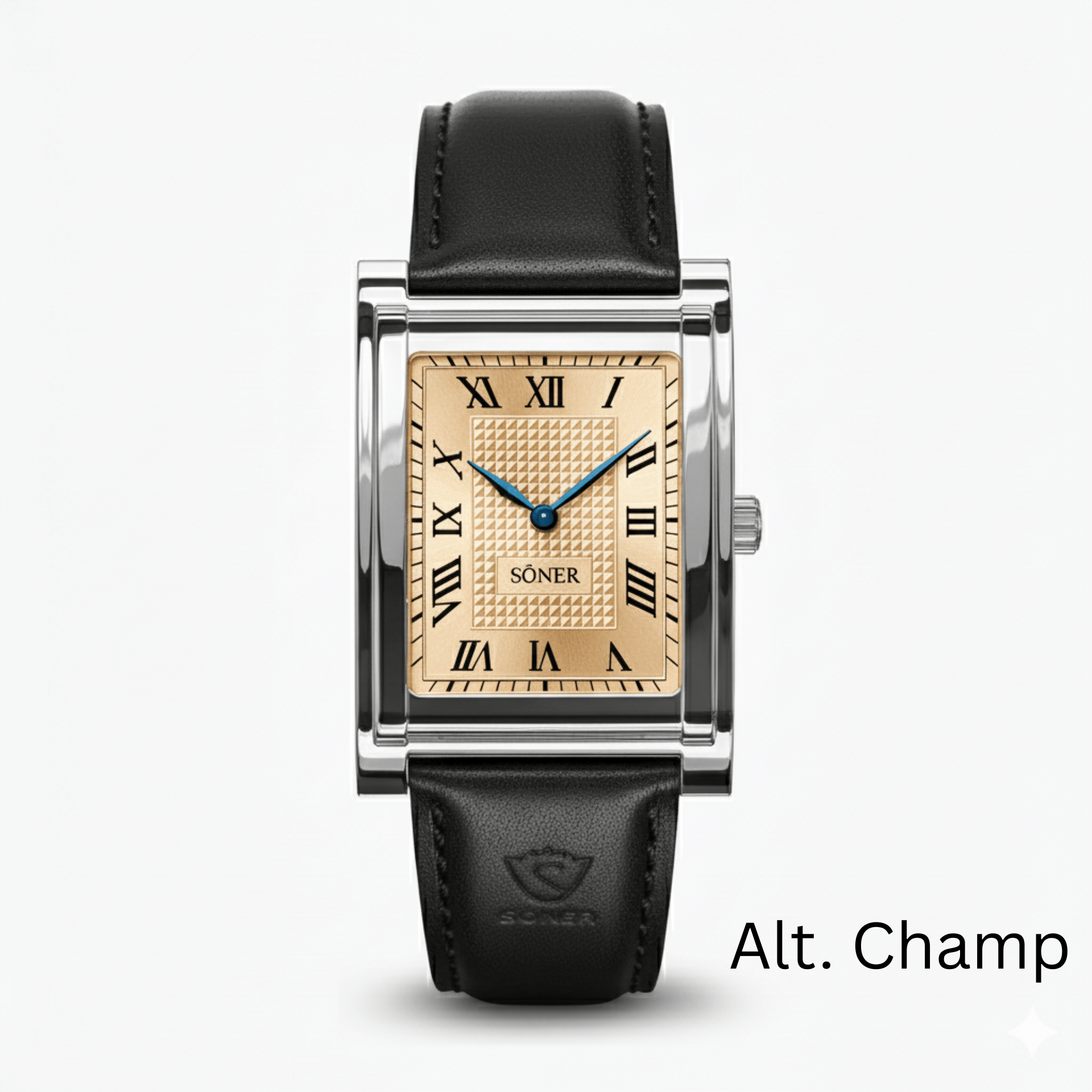 The Söner Tank Watch - Pre-launch features a rectangular gold face with black Roman numerals, blue hands, a black leather strap, SONER branding on the dial, and "Alt. Champ" written in the bottom right corner.