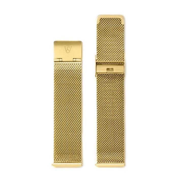 Two HERITAGE Au 22mm watchbands are displayed vertically against a plain white background. The band on the left is clasped, while the band on the right is open, showcasing detailed mesh patterns and clasp mechanisms.