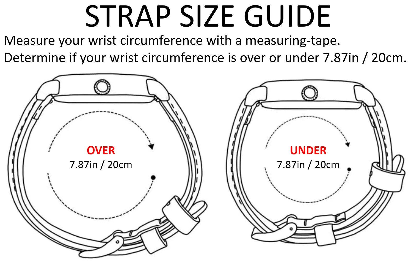 Illustration of a strap size guide featuring two HERITAGE Cognac Croc (22mm) watch straps. The left strap is marked for wrists OVER 7.87 inches / 20 cm, while the right strap is meant for wrists UNDER 7.87 inches / 20 cm, with arrows showing wrist measurement for proper sizing.