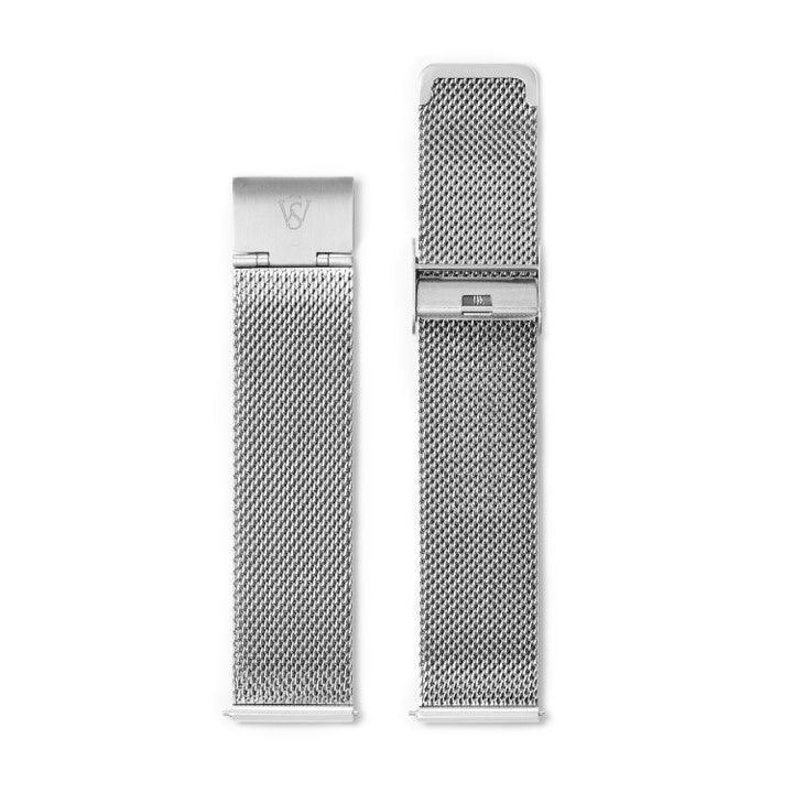Two HERITAGE Fe 22mm silver mesh watch bands are displayed vertically side by side. Both bands feature a clasp mechanism at the top, with detailed, interwoven metal links creating a textured appearance.