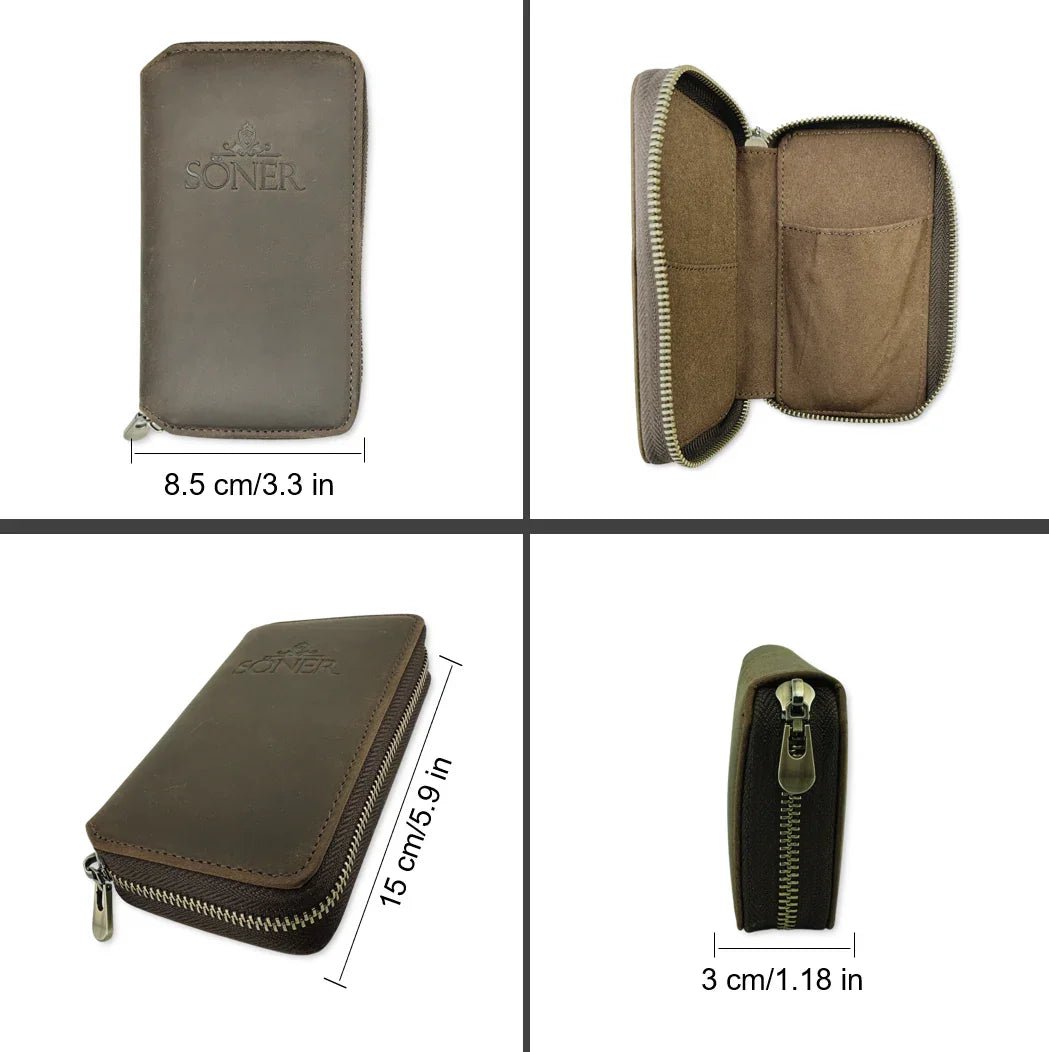 A brown Soner leather watch case is showcased from various angles. It features a zip closure and the brand name embossed on the front, measuring 8.5 cm wide, 15 cm tall, and 3 cm thick with several interior compartments.
