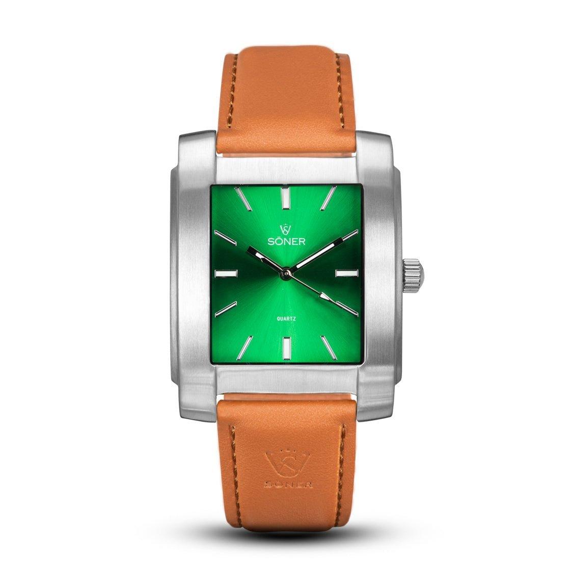 Introducing the Legacy Anstey from Söner, this watch boasts a striking green square dial adorned with silver indices. Encased in a refined rectangular design, it pairs beautifully with a brown leather strap. The Söner name elegantly appears on both the dial and strap, embodying timeless sophistication.