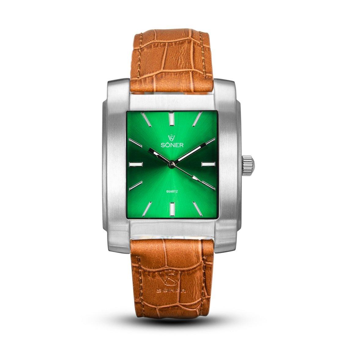 The Legacy Anstey watch features a rectangular silver design, boasting a vibrant green face with silver hour markers and a crown on the right. With its stylish appearance reminiscent of Söner's square watches, it is completed by a textured brown leather strap and comes equipped with a 3-year battery.