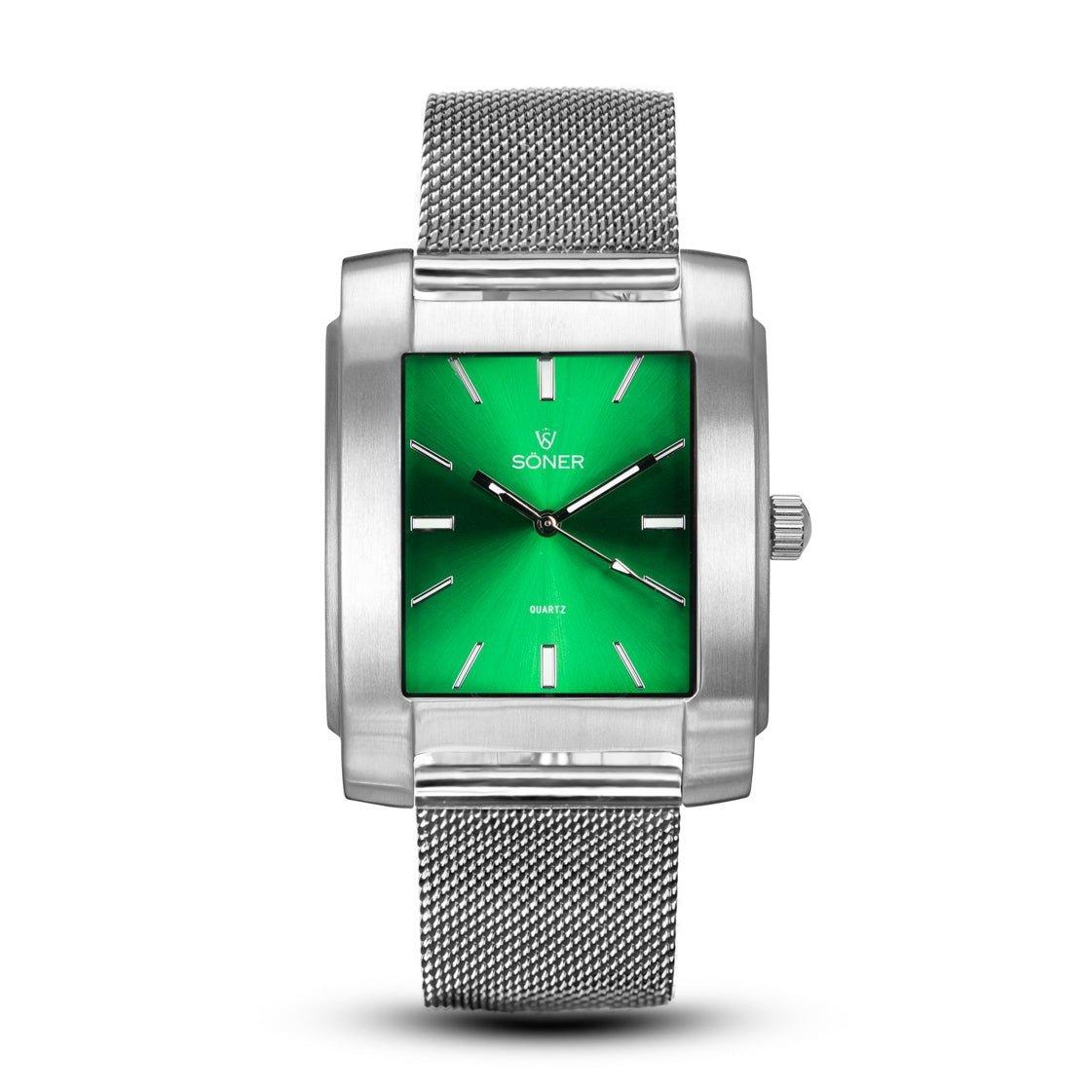 This stylish rectangular watch, the Legacy Anstey from Söner, features a stainless steel construction with a green dial adorned with baton hour markers and hands. It includes a sleek mesh strap, a well-crafted case, and a crown on the right side. The brand name is elegantly displayed on the dial.