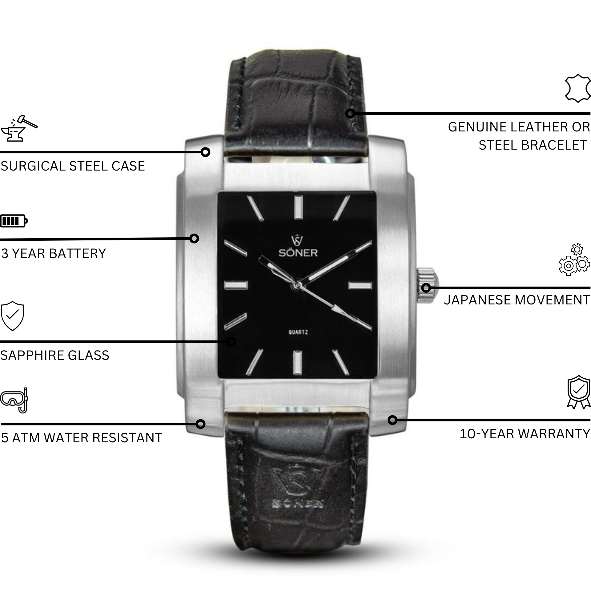 The Legacy Basilica by Söner is a stylish rectangular watch featuring a black face with silver hour markers and a sleek silver case. It comes with a textured black leather strap, and the watch face prominently displays the brand logo along with "SONER" at the top.