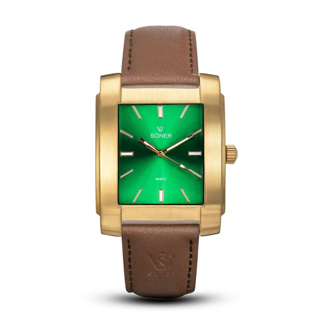 The Legacy Bella features a rectangular wristwatch design with a vibrant green face, encased in gold. It is complemented by a brown leather strap and showcases gold hour markers and hands. The brand name Söner is elegantly displayed on the dial, and it includes a 3-year battery.