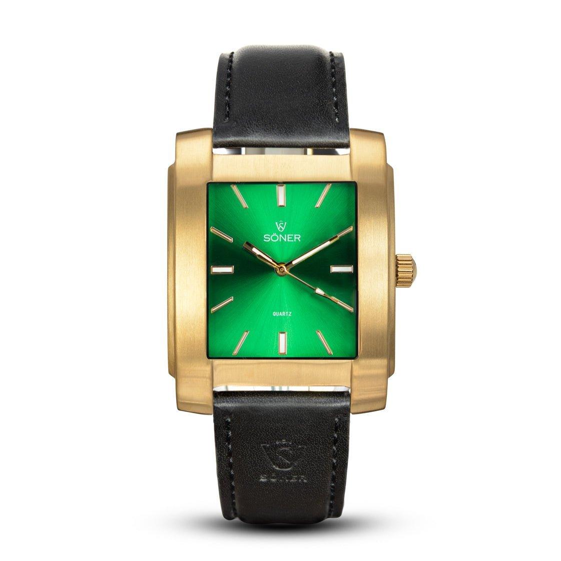 The Legacy Bella, with its rectangular design, showcases a gold case and a green face, elegantly adorned with minimalist hour markers and the Söner brand name. This sophisticated timepiece features a black leather strap and is equipped with a small crown on the right side, offering timeless style for classic watch enthusiasts.