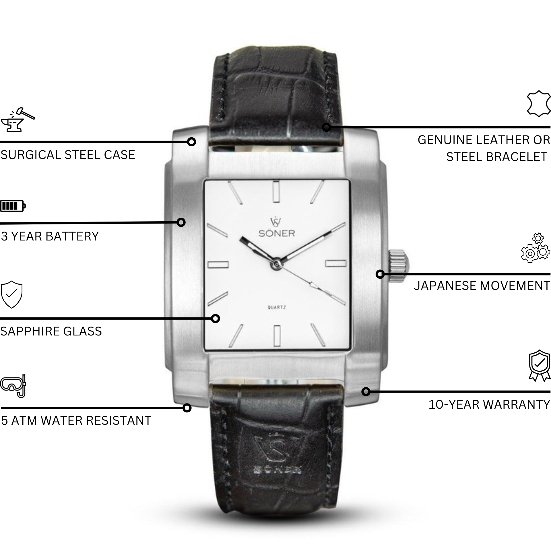 The Legacy Chaillot watches is a rectangular watch that features a silver case and a white face adorned with hour markers and two hands. It includes a sophisticated black leather strap with a textured pattern. The elegant design prominently displays the Söner brand and Quartz on its face.