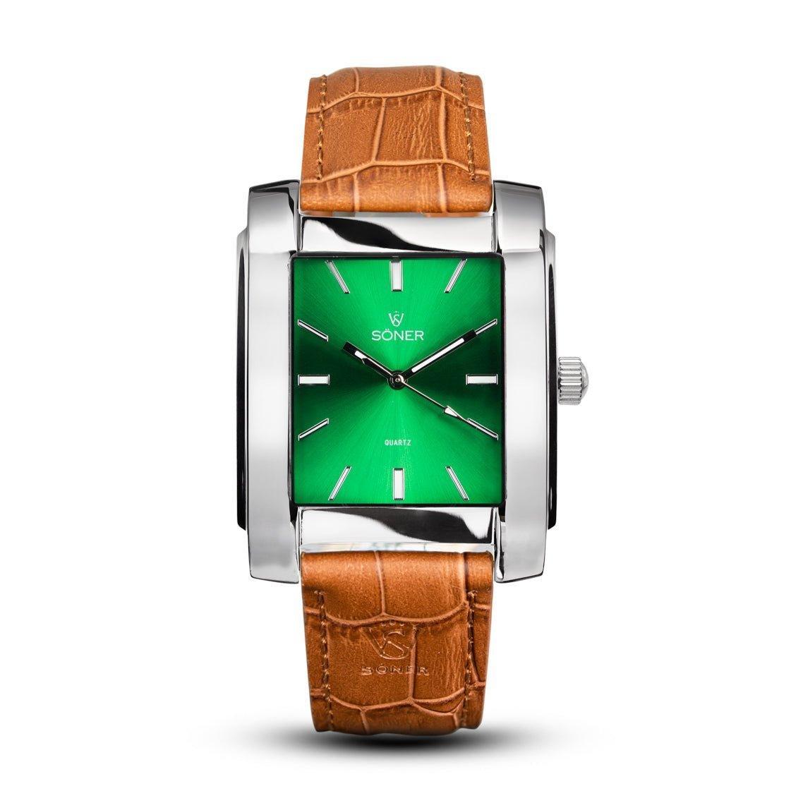 The Legacy Empire square watch from Söner showcases a polished green dial adorned with silver hour markers and features a crocodile-patterned brown leather strap. The word "Söner" elegantly adorns the dial, accompanied by a small crown on the right side of its sleek silver case.